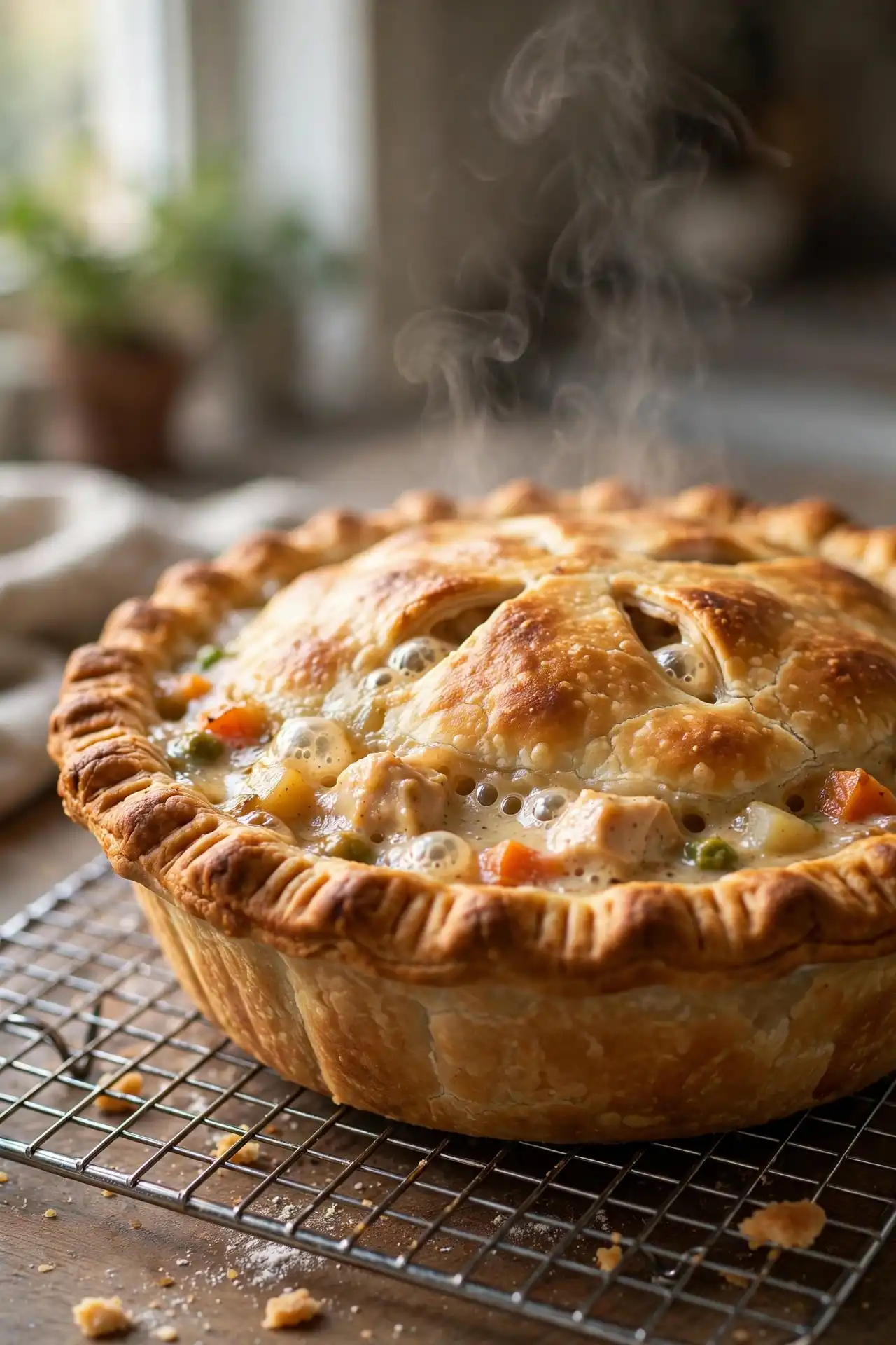 Freshly baked chicken pot pie cooling on a wire rack with deep golden crust and filling bubbling through steam vents