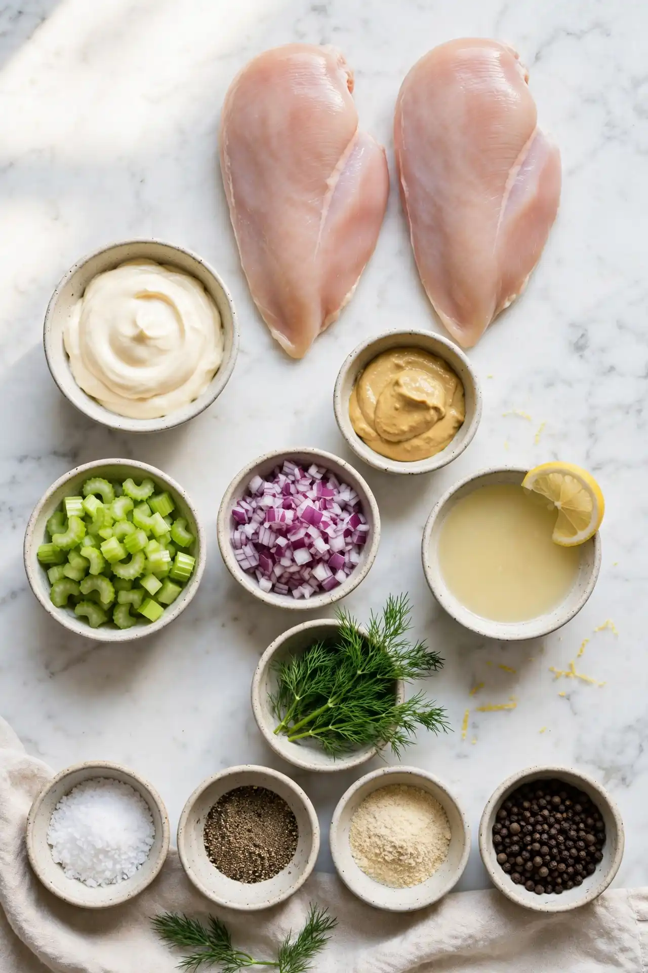 All ingredients for chicken salad laid out flat on white marble — chicken salad recipe ingredients
