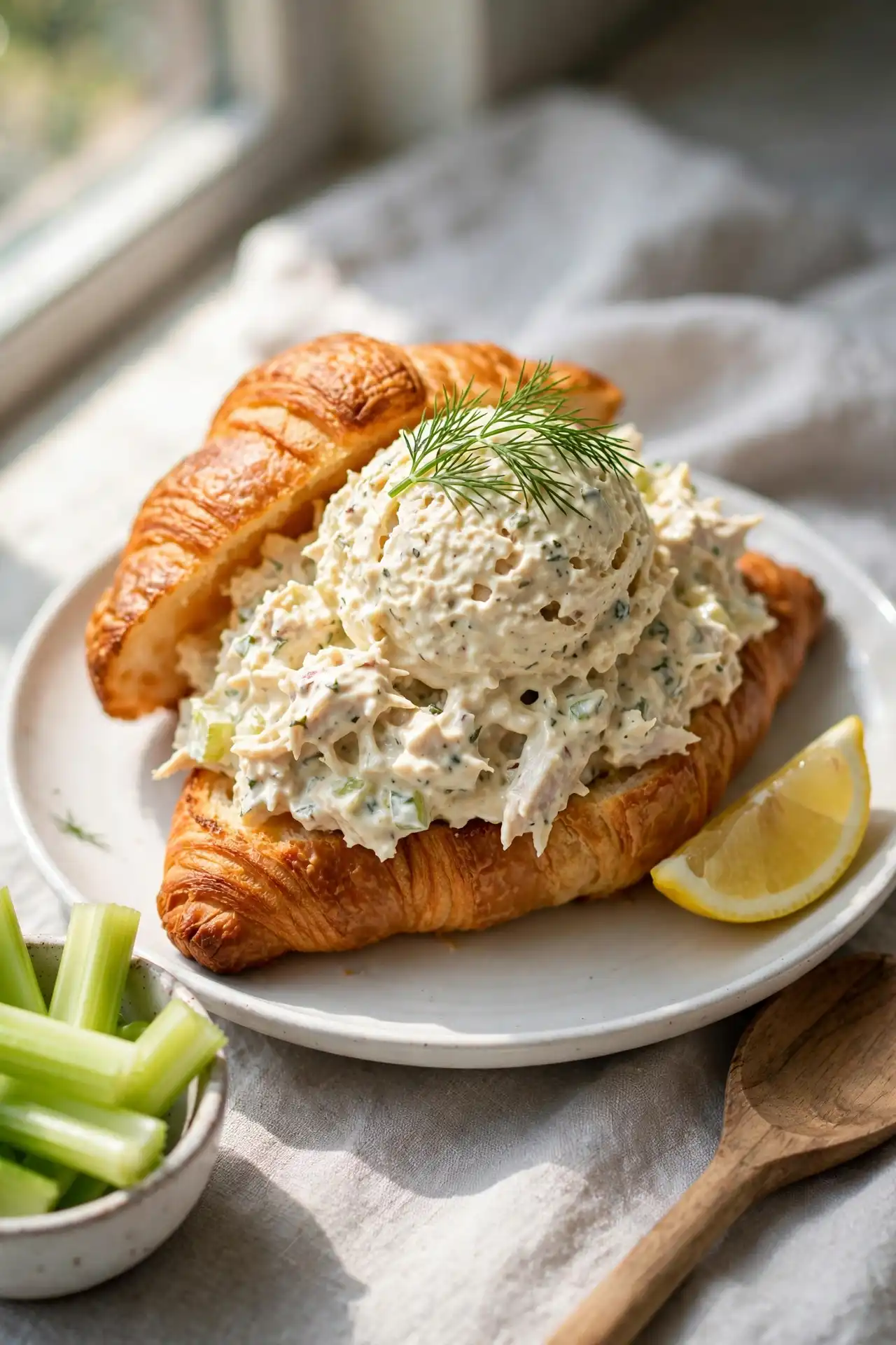 Classic chicken salad served on a toasted croissant on a white ceramic plate, garnished with fresh dill and lemon — chicken salad recipe