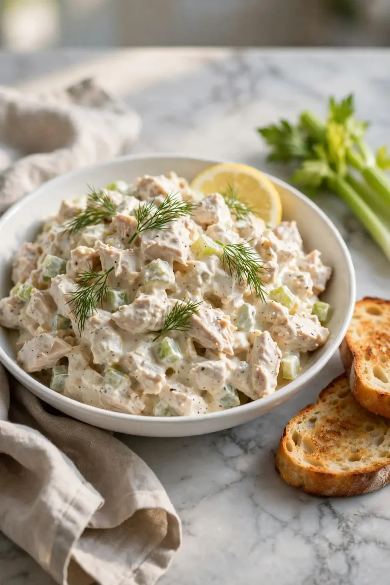 Classic creamy chicken salad served in a white bowl on marble, garnished with fresh dill and a lemon wedge, natural light — chicken salad recipe