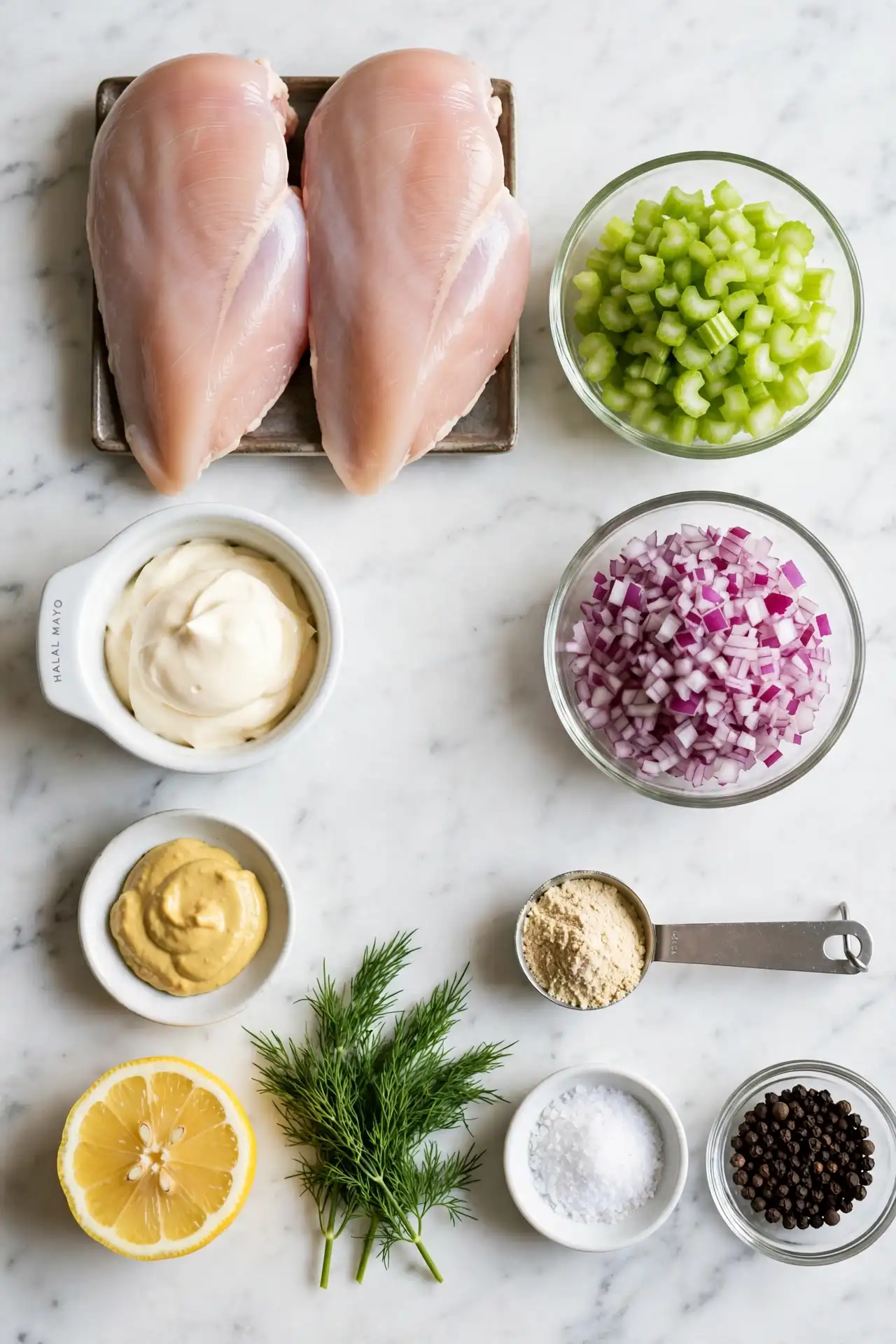 All ingredients for chicken salad recipe laid out flat on white marble, including chicken breasts, celery, mayo, and fresh dill — chicken salad recipe ingredients