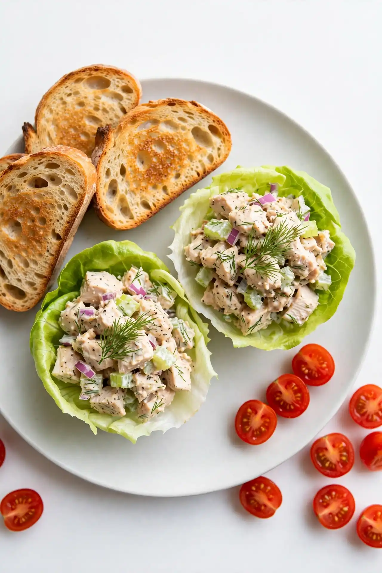 Chicken salad recipe plated in butter lettuce cups with sourdough and cherry tomatoes, ready to serve — chicken salad