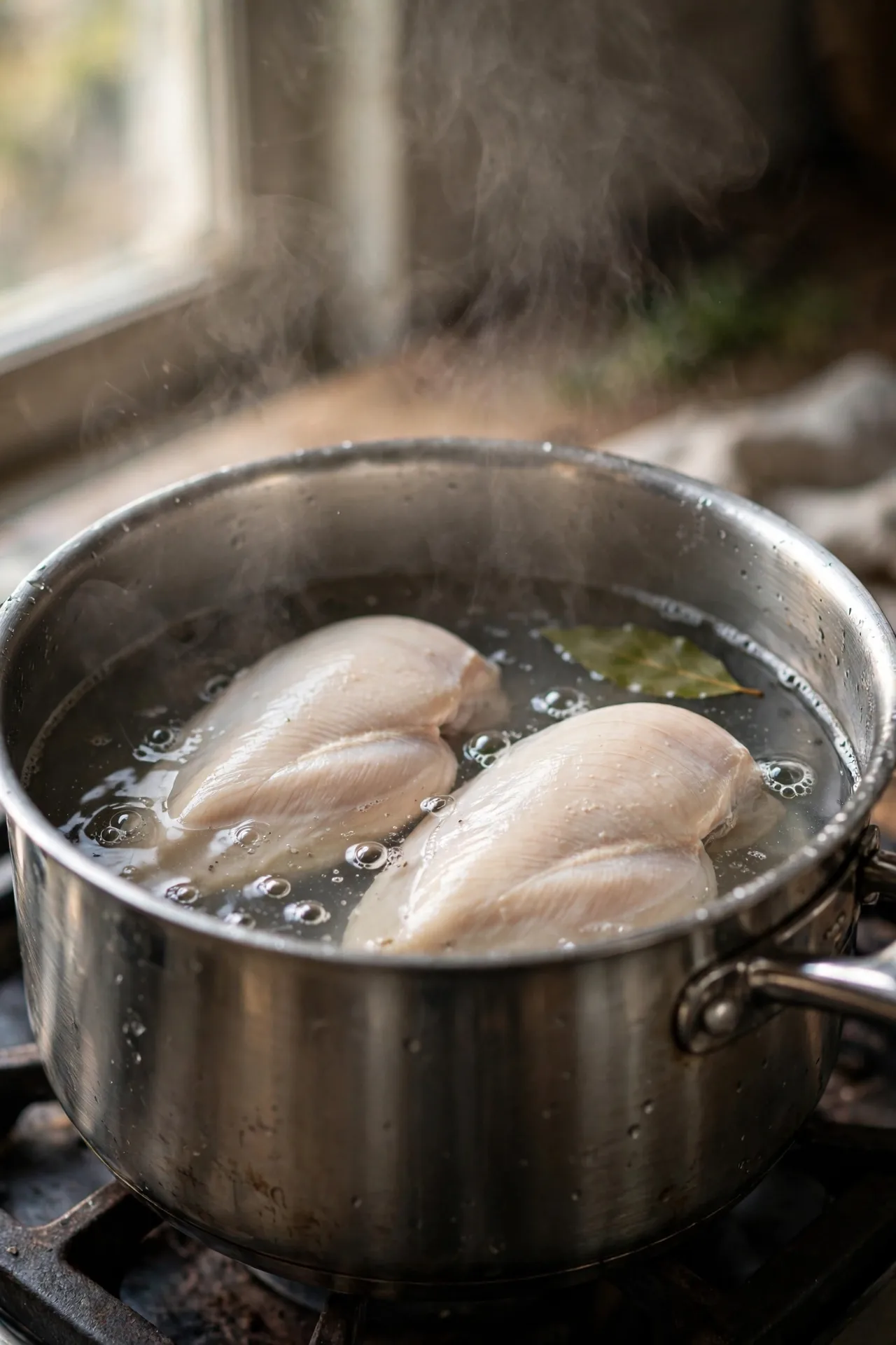 Chicken breasts simmering in lightly salted water on the stovetop — early step in making chicken salad recipe