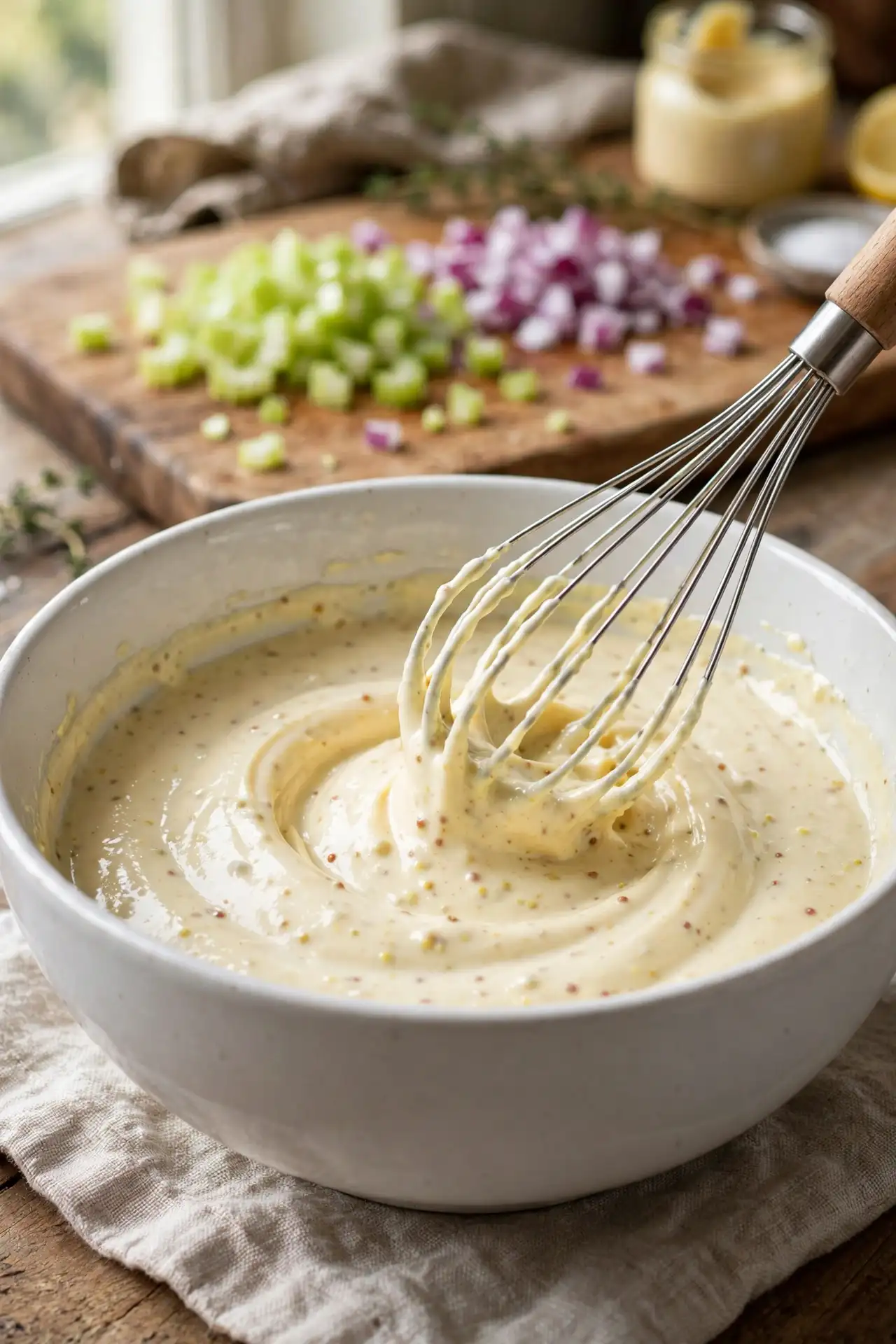 Dijon mayo dressing being whisked in a large bowl with diced vegetables nearby — midpoint in making chicken salad recipe