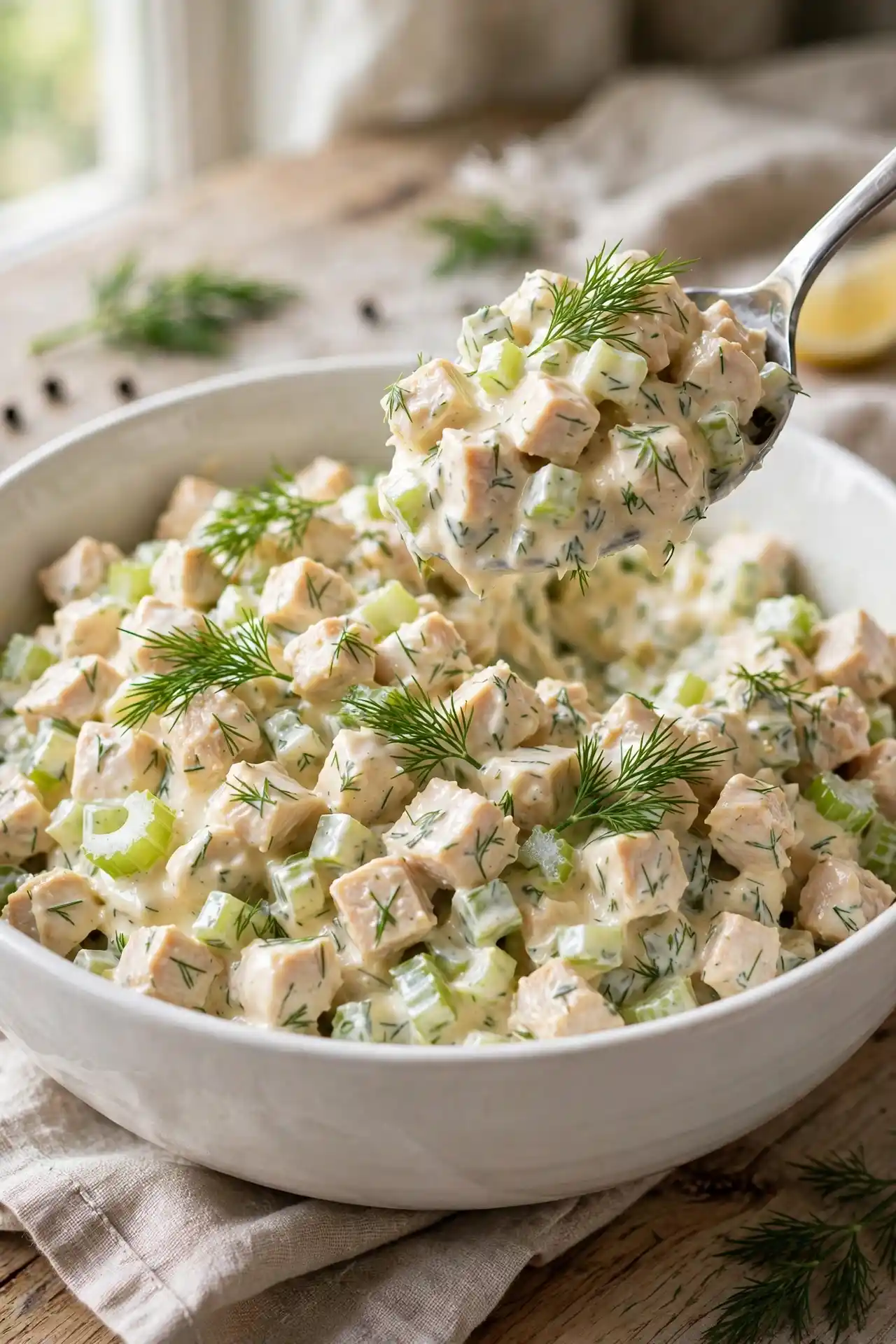 Finished chicken salad recipe in a bowl with a spoon lifting a portion to show diced chicken and creamy dressing