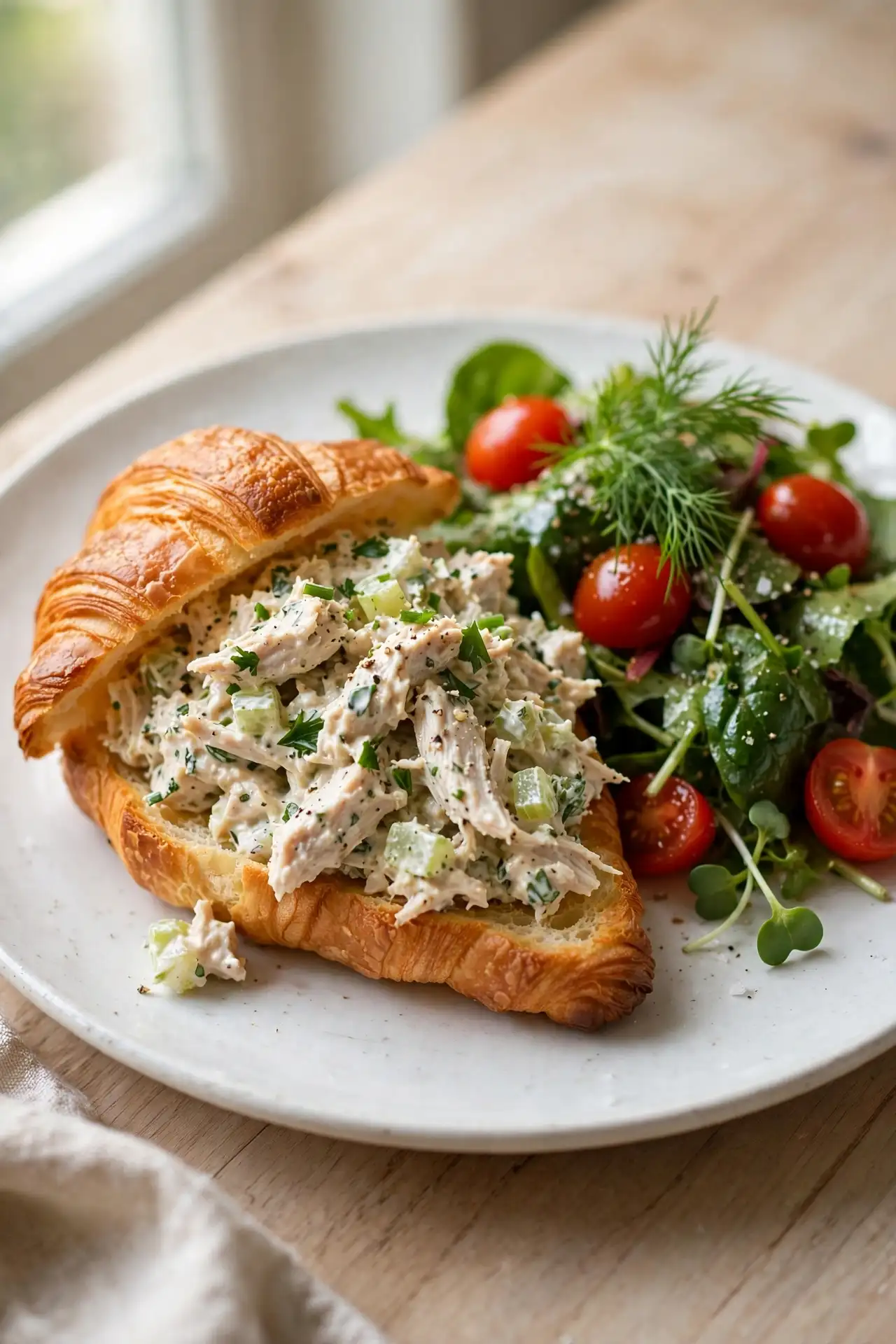 Chicken salad on a toasted croissant with a side green salad on a white plate, ready to serve — chicken salad recipe
