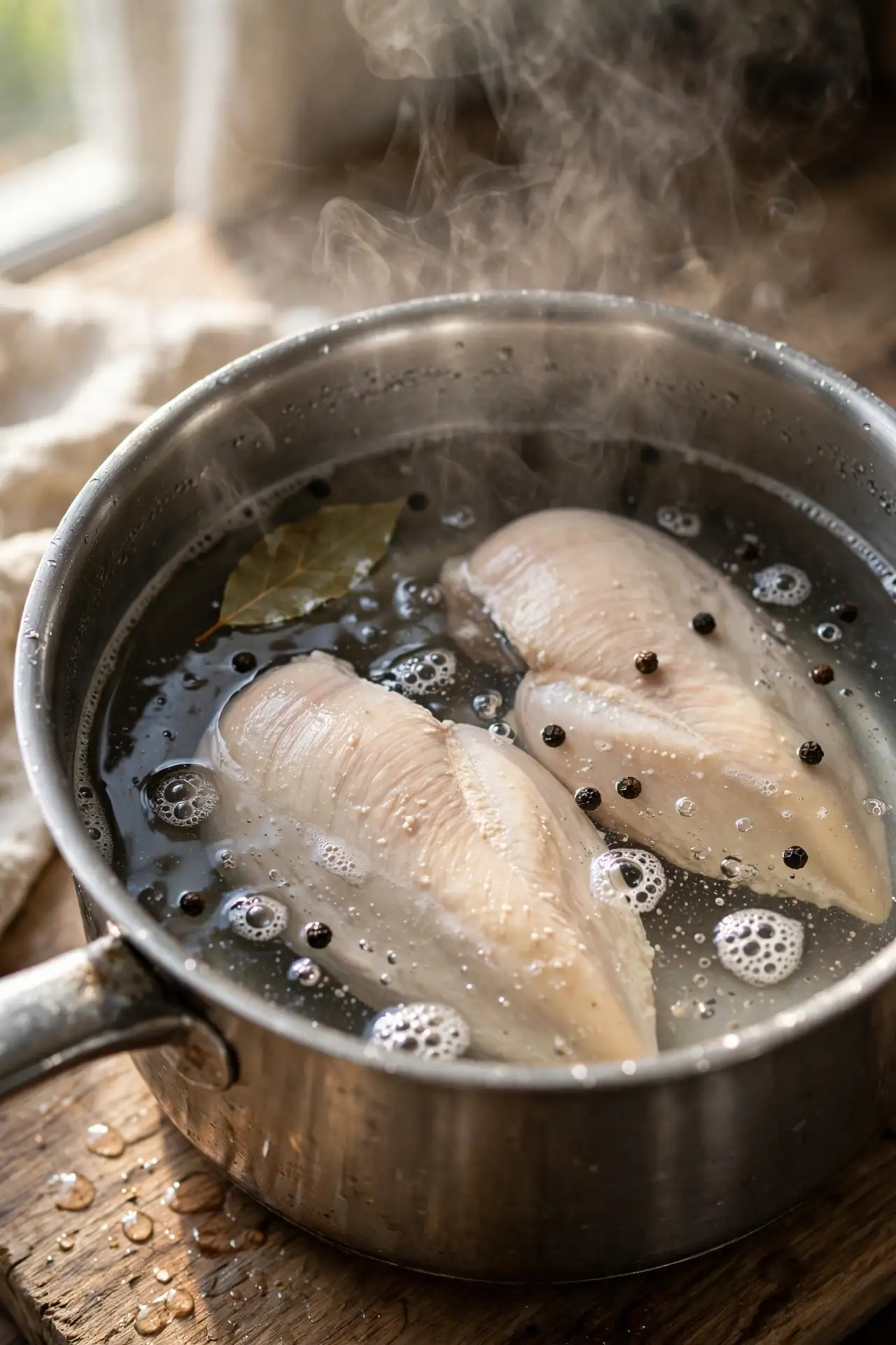 Chicken breasts simmering in seasoned water in a saucepan — step in making chicken salad recipe