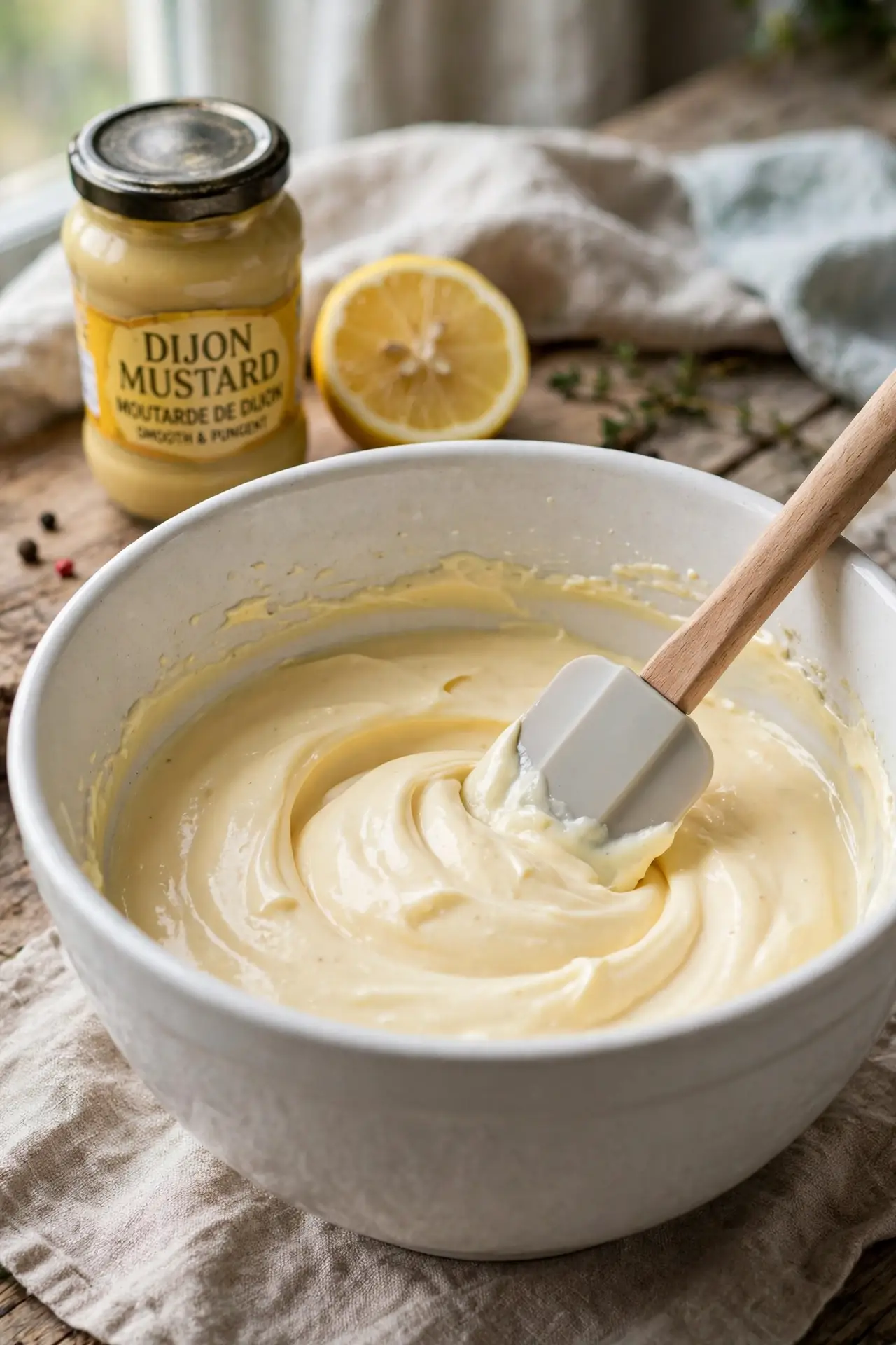 Creamy dressing being mixed in a white bowl with a spatula — step in making chicken salad recipe