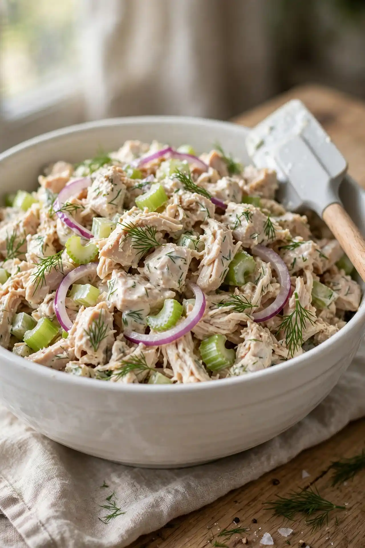 Finished chicken salad in a white ceramic bowl with chunks of chicken, celery, red onion, and fresh dill — chicken salad recipe