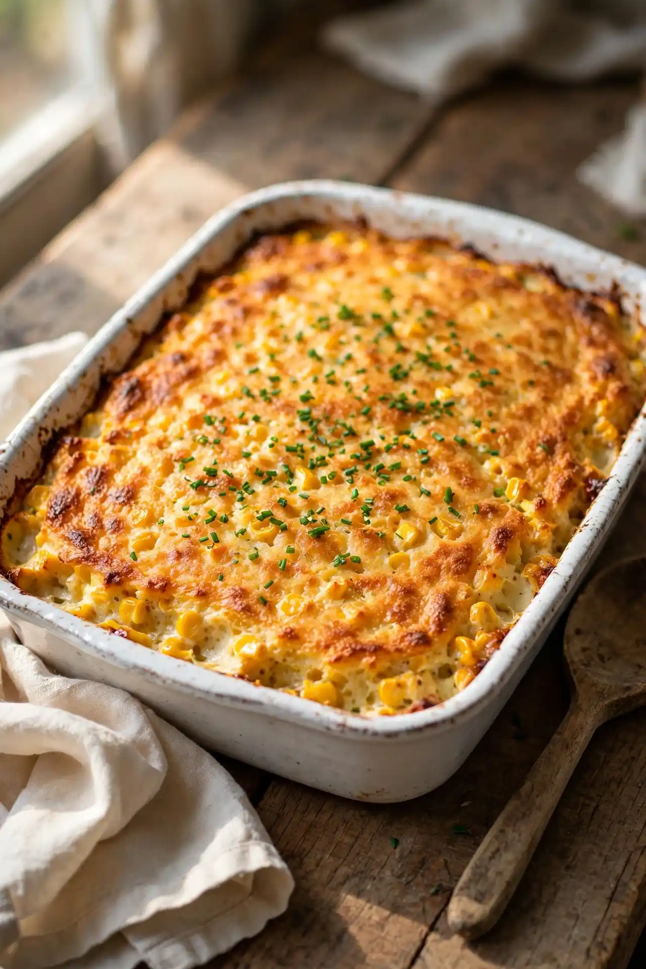 Corn casserole served in a white ceramic baking dish on a wooden table, garnished with chives, warm natural light — corn casserole recipe