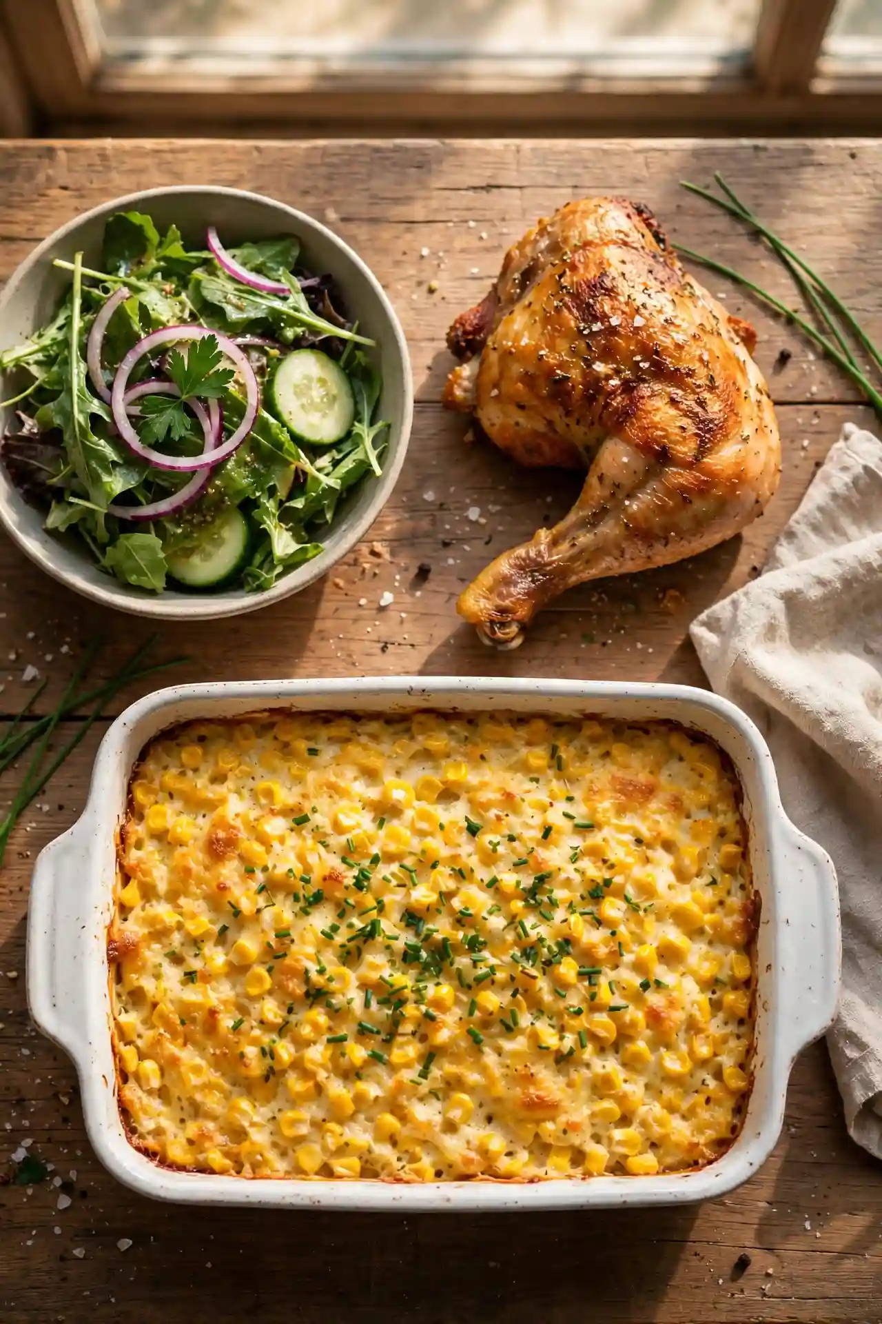 Corn casserole served alongside roast chicken and salad on a wooden table, ready to serve — corn casserole recipe