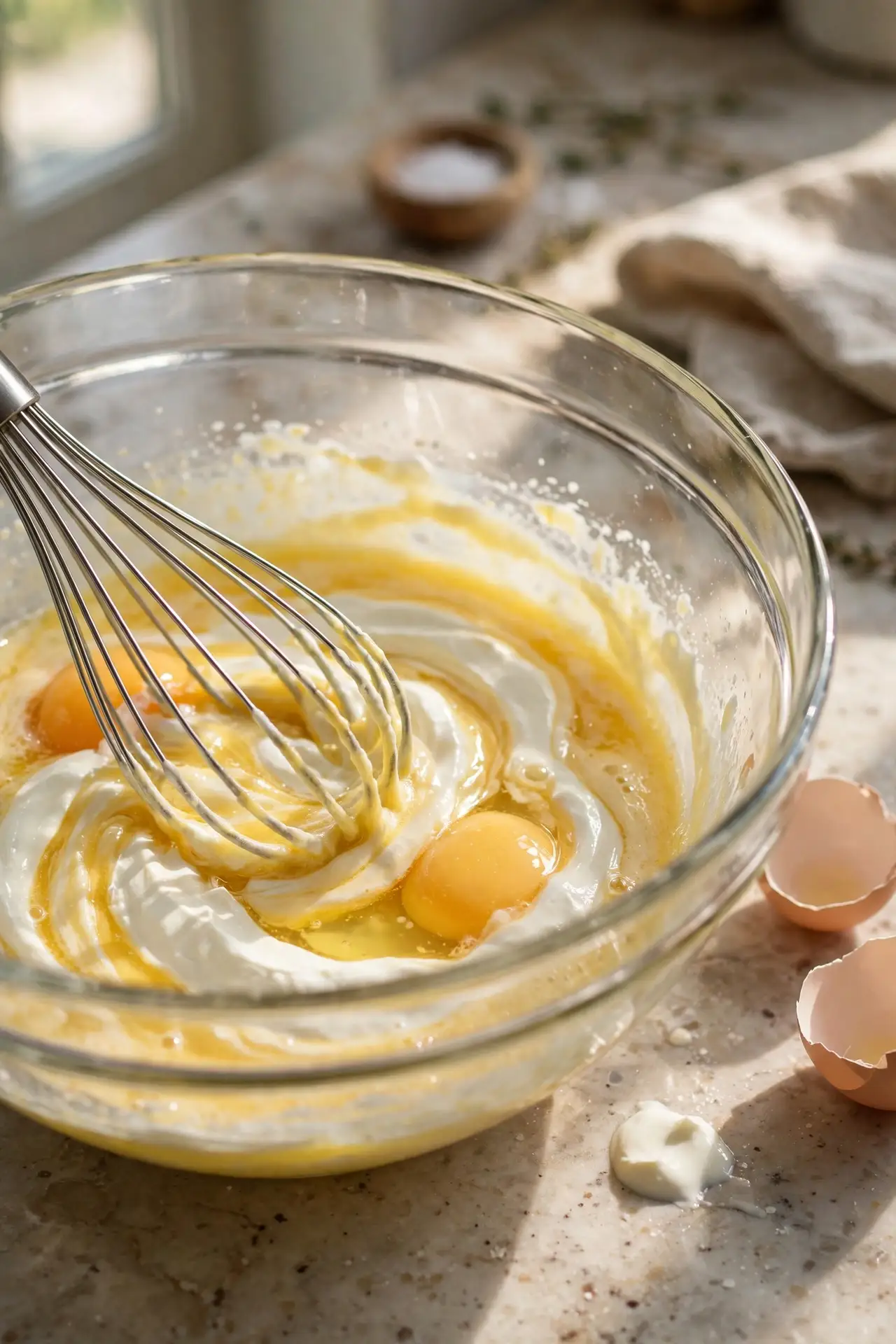 Melted butter, sour cream, and eggs being whisked together in a glass bowl — early step in making corn casserole