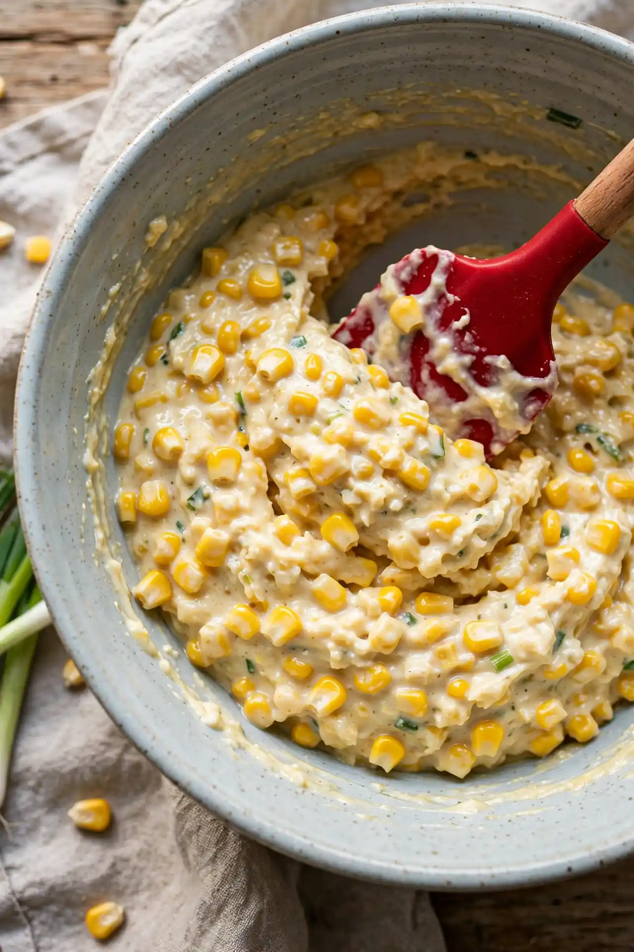 Corn casserole batter being folded with a spatula in a bowl, corn kernels visible in the mixture — midpoint step in making corn casserole