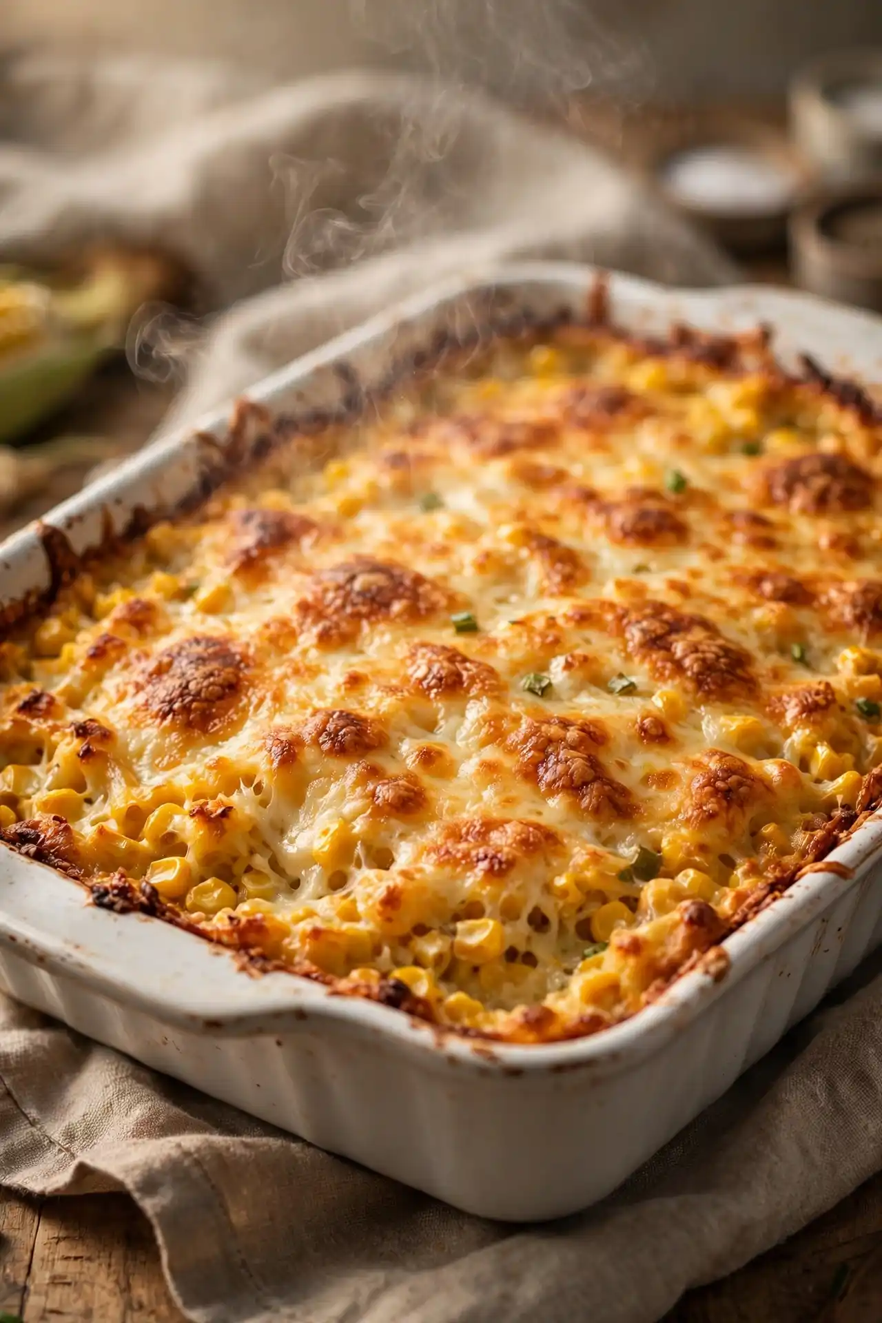 Freshly baked corn casserole in a white dish with golden top and crispy edges, steam rising — final step in making corn casserole