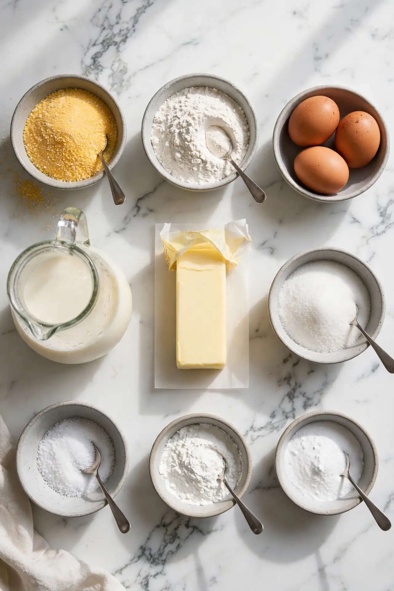 All ingredients for cornbread recipe laid out flat on white marble — cornbread recipe ingredients