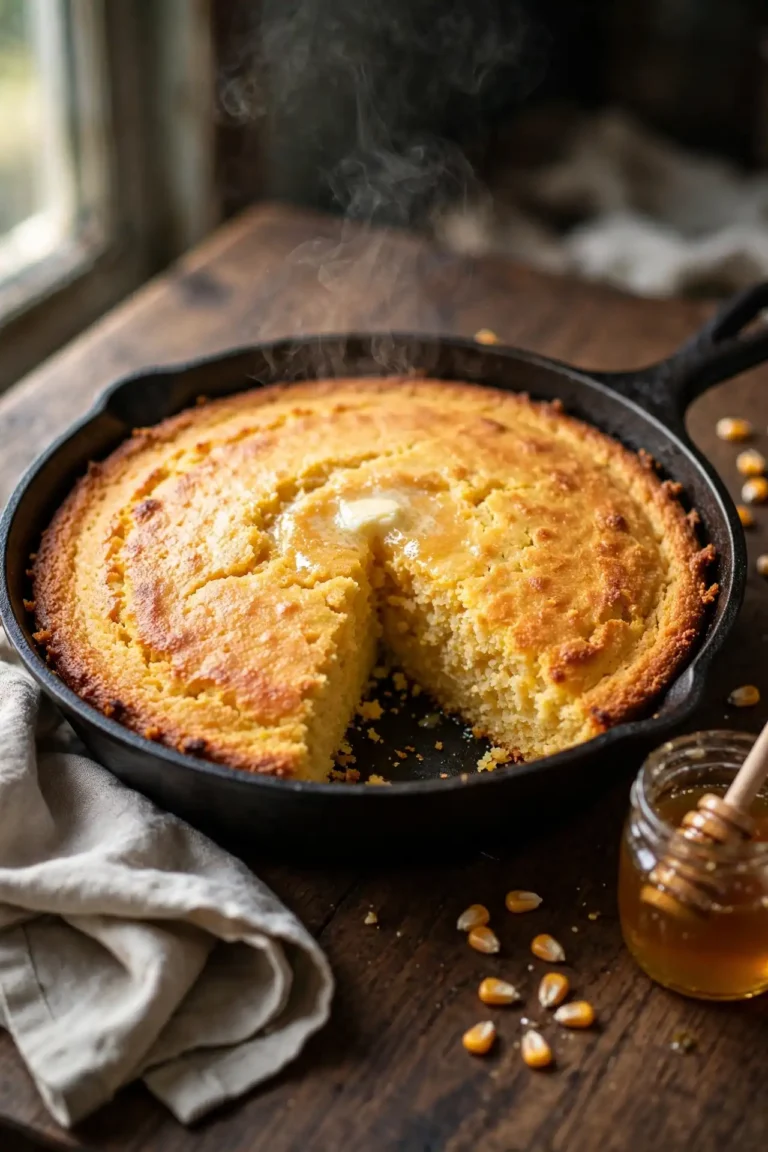 Freshly baked cornbread in a cast iron skillet, cut open to show a tender golden crumb with crispy edges, natural window light — cornbread recipe