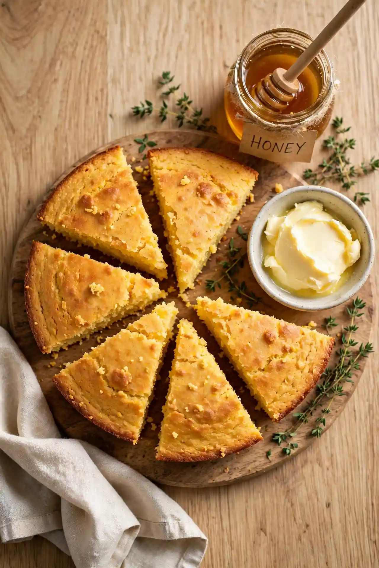 Cornbread wedges served on a wooden board with butter and honey, ready to serve — cornbread recipe