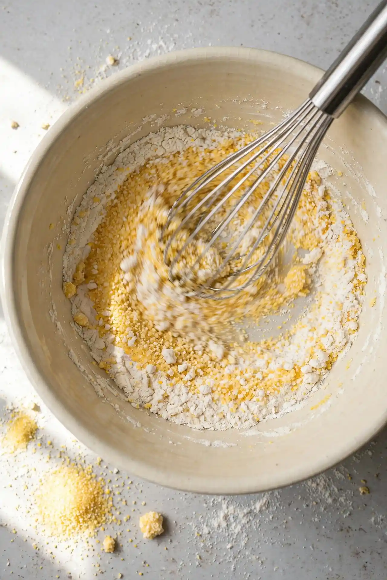 Dry ingredients for cornbread being whisked together in a ceramic bowl — step in making cornbread recipe