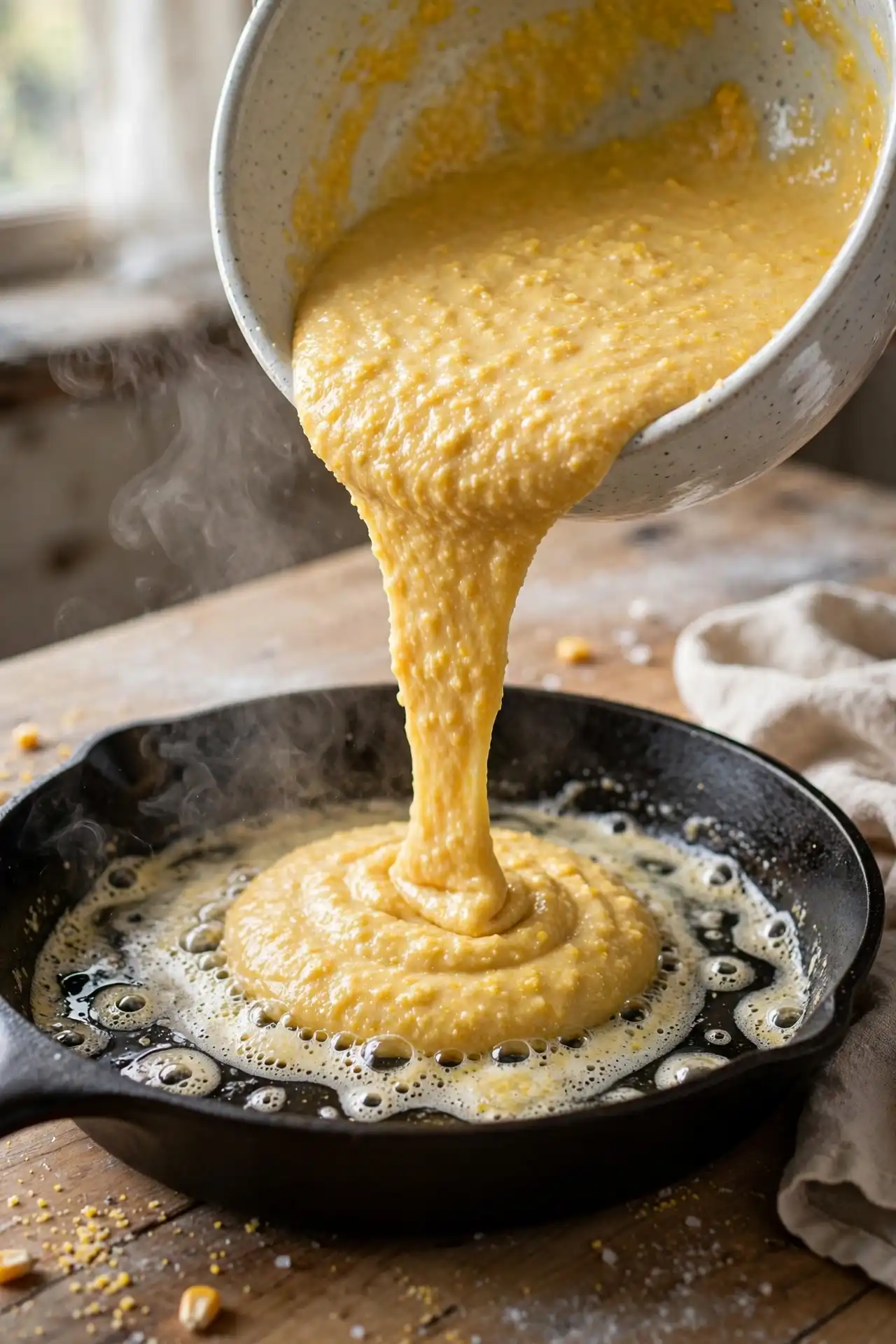Cornbread batter poured into a hot buttered cast iron skillet sizzling on contact — step in making cornbread recipe