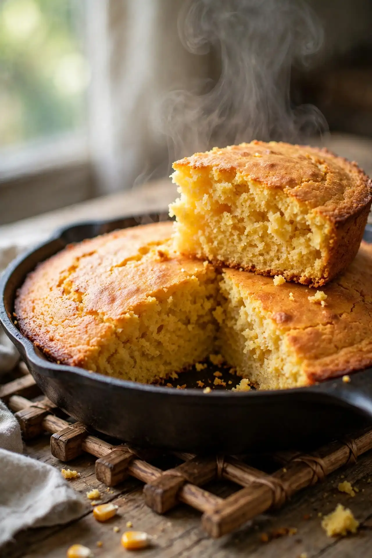 Freshly baked cornbread in cast iron skillet with one wedge lifted, showing tender golden crumb — cornbread recipe final step