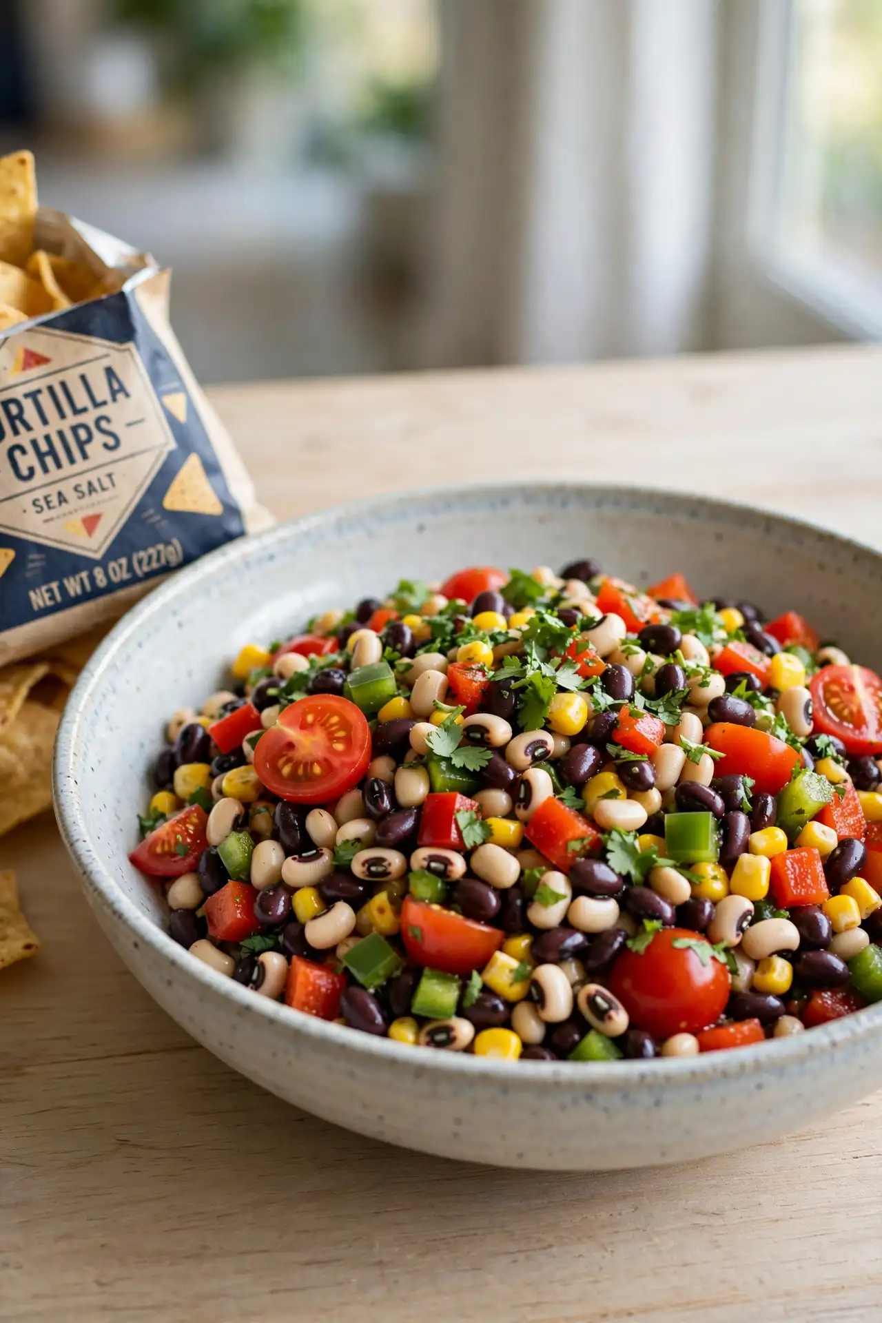Cowboy caviar served in a white ceramic bowl on a wooden table, garnished with fresh cilantro and a lime wedge — cowboy caviar recipe
