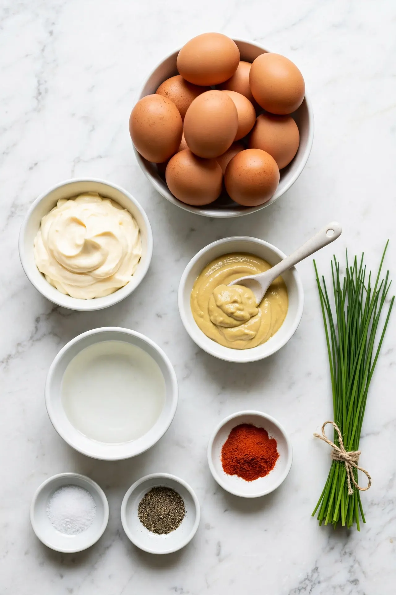 All ingredients for deviled eggs laid out flat on white marble including eggs, mayonnaise, Dijon mustard, vinegar, paprika, and chives — deviled eggs ingredients