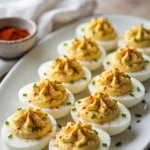 Classic deviled eggs on a white ceramic platter, garnished with paprika and fresh chives, natural window light — deviled eggs recipe