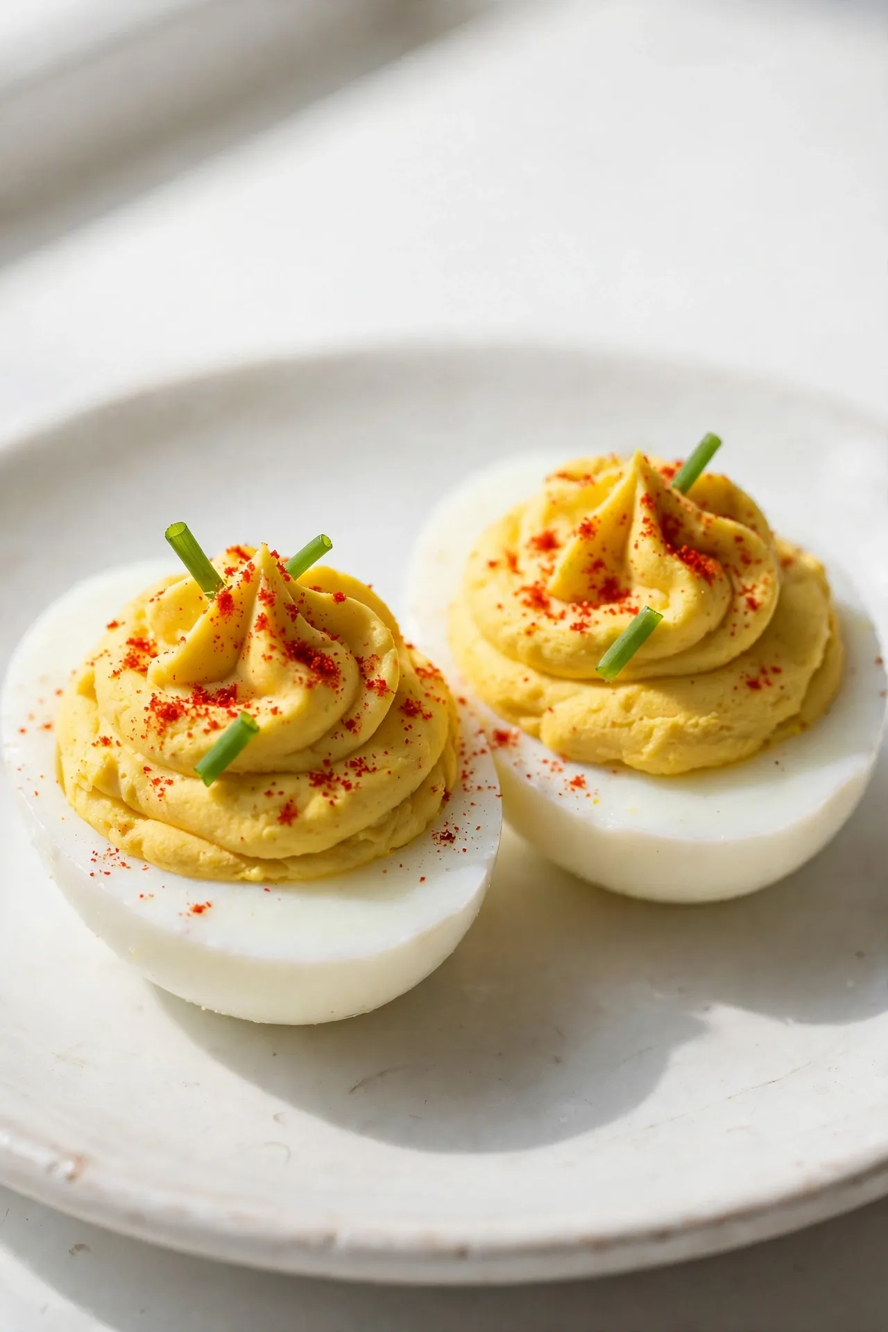Close-up of deviled eggs showing smooth piped yolk filling dusted with paprika and chives — deviled eggs recipe card