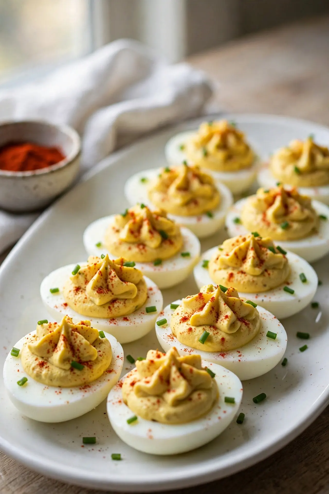 Classic deviled eggs on a white ceramic platter, garnished with paprika and fresh chives, natural window light — deviled eggs recipe