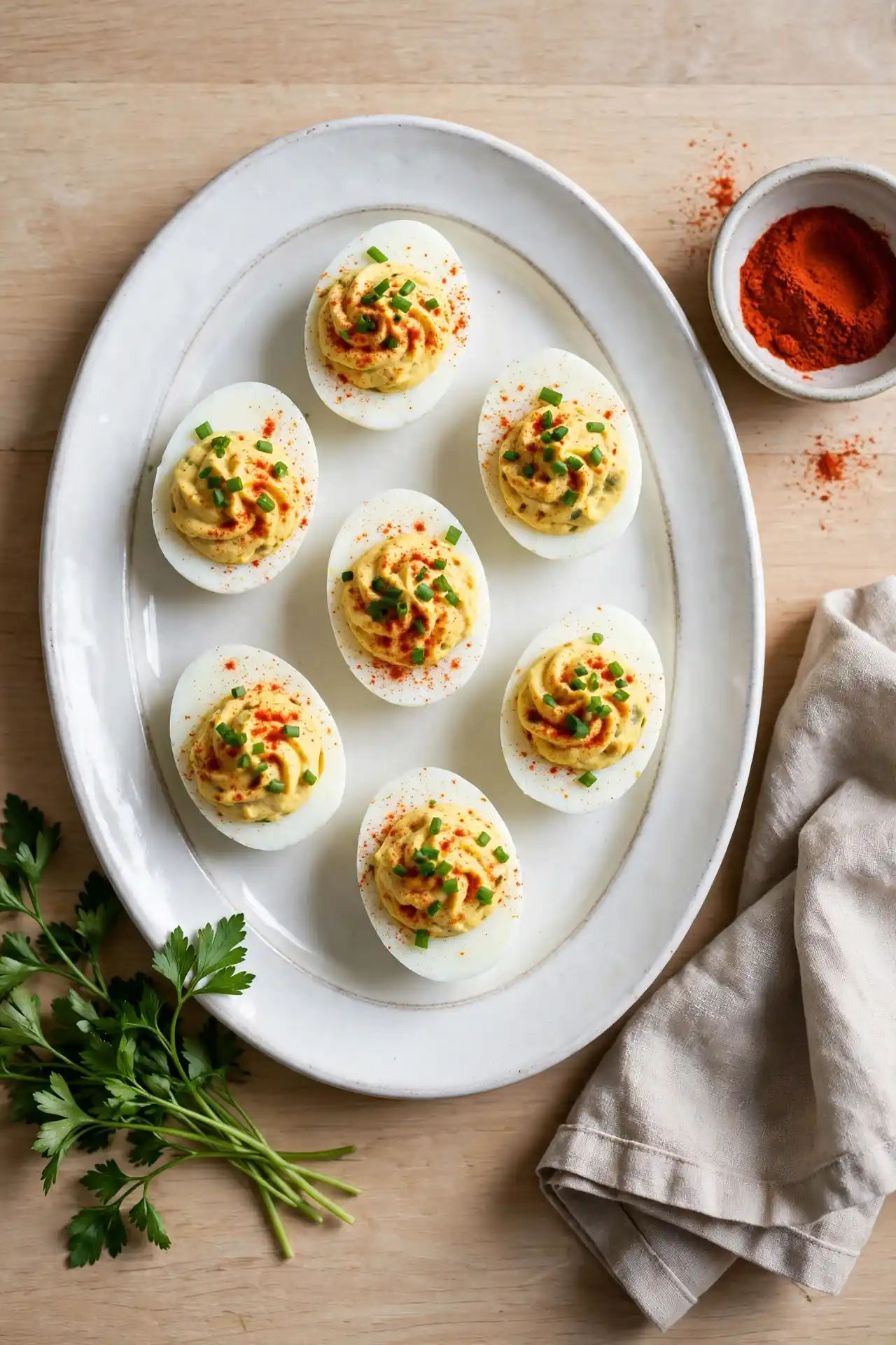 Deviled eggs arranged on a white oval serving platter with parsley, paprika, and a linen napkin, ready to serve — deviled eggs