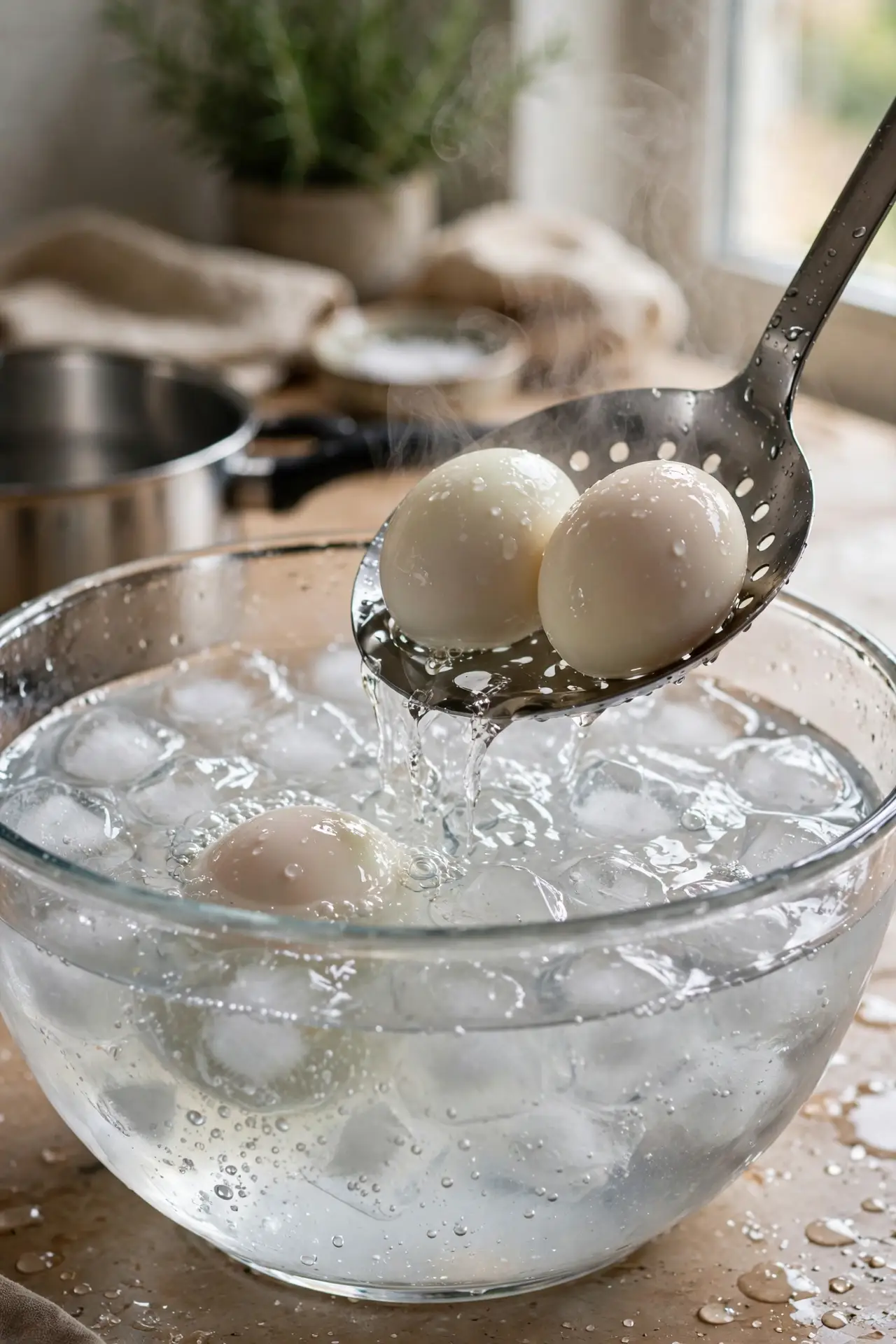 Hard-boiled eggs transferred into an ice water bath immediately after cooking — early step in making deviled eggs