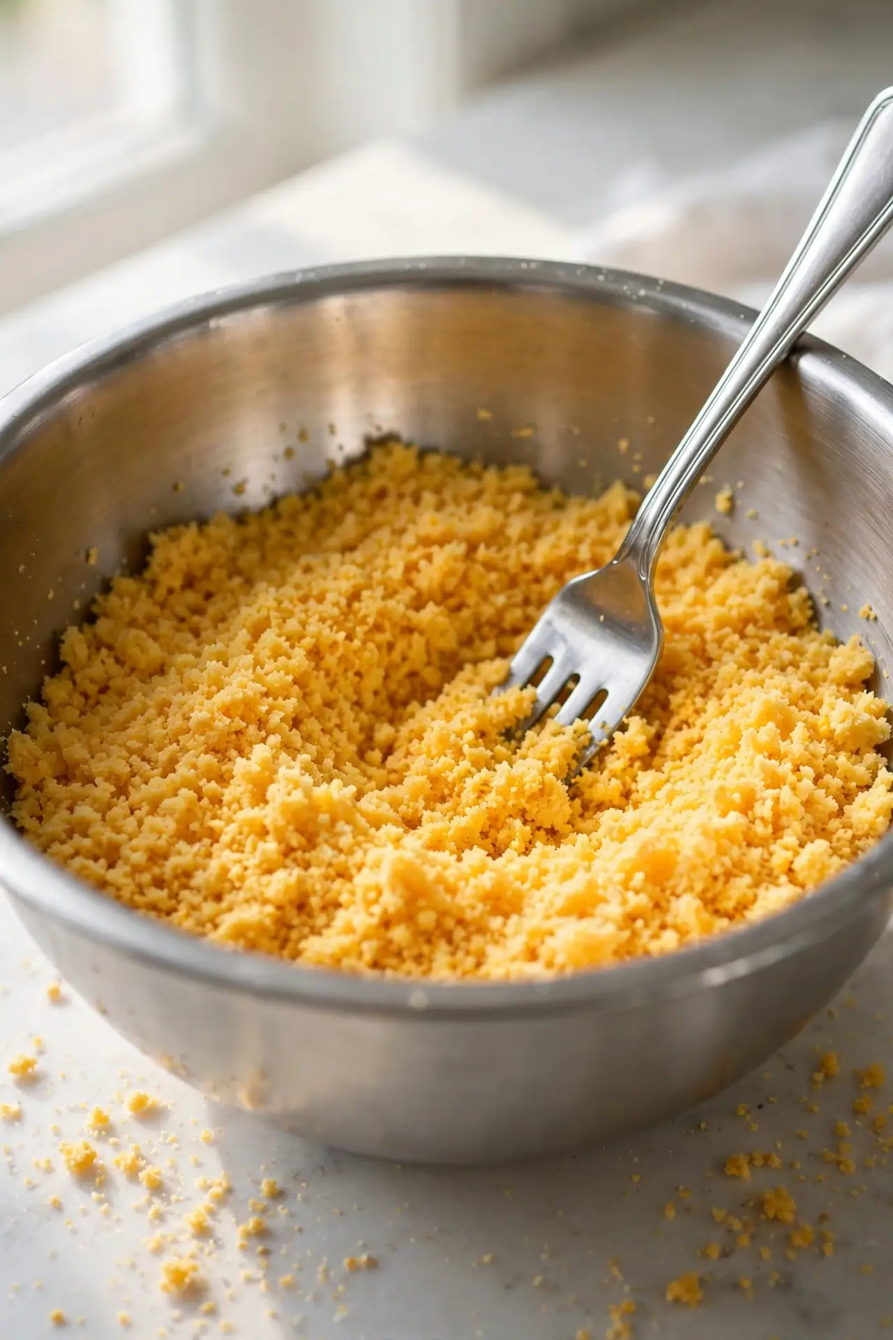 Egg yolks mashed to a fine dry crumbly texture in a mixing bowl — key technique step in making deviled eggs