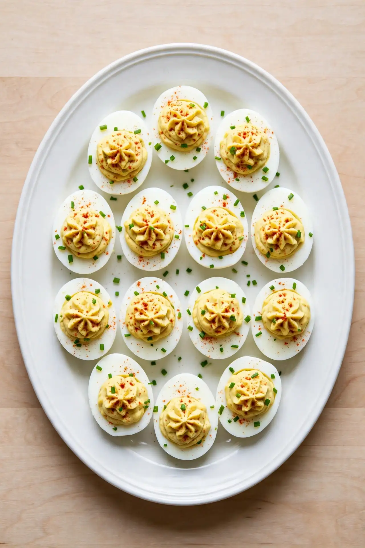 Freshly filled and garnished deviled eggs on a white platter showing paprika and chive garnish — final step in making deviled eggs