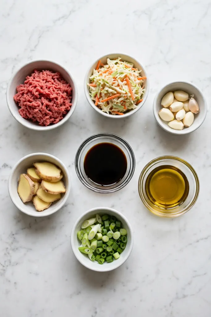 All ingredients for egg roll in a bowl laid out flat on white marble — egg roll in a bowl ingredients