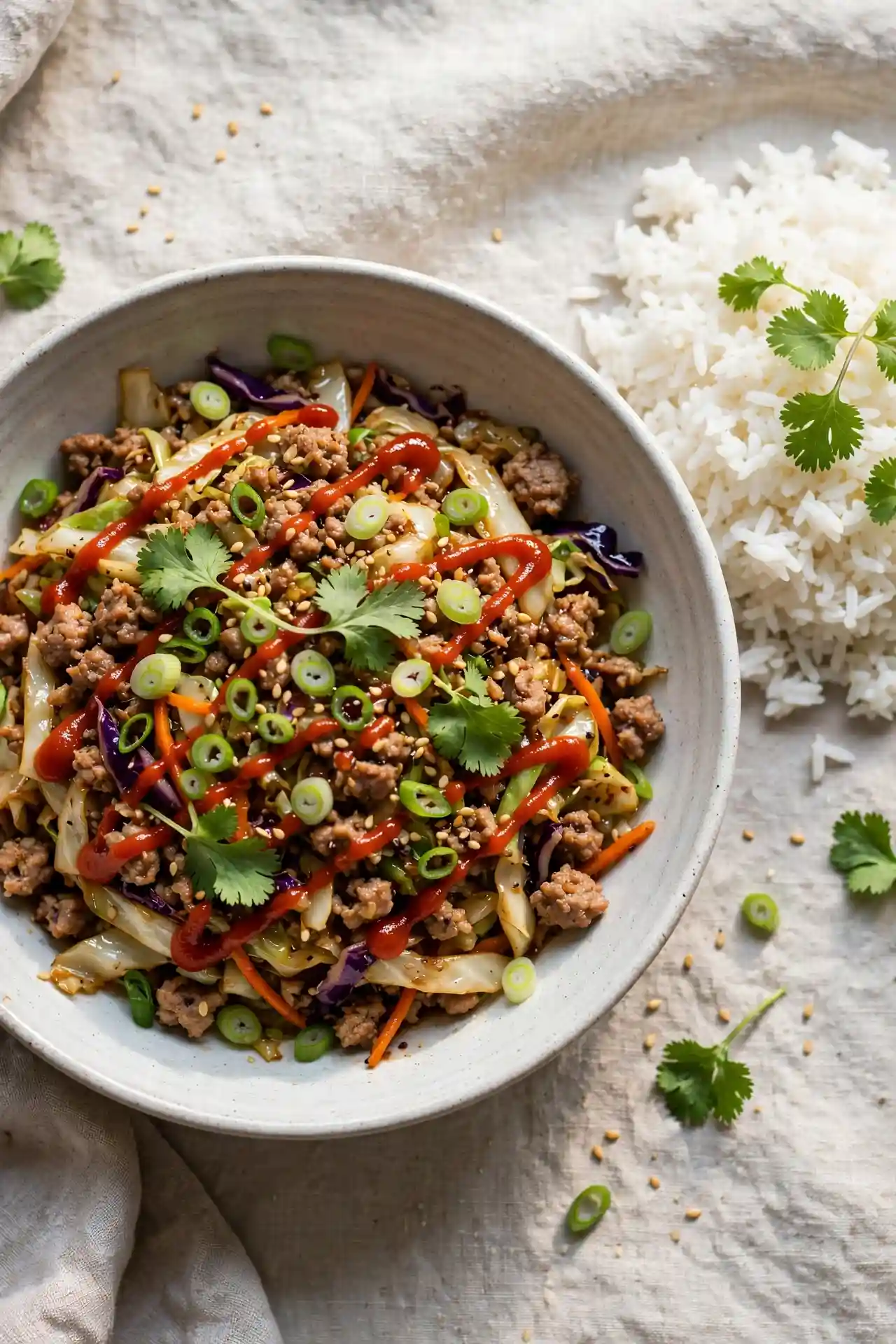 Egg roll in a bowl plated with jasmine rice and garnishes on a linen surface, ready to serve — egg roll in a bowl