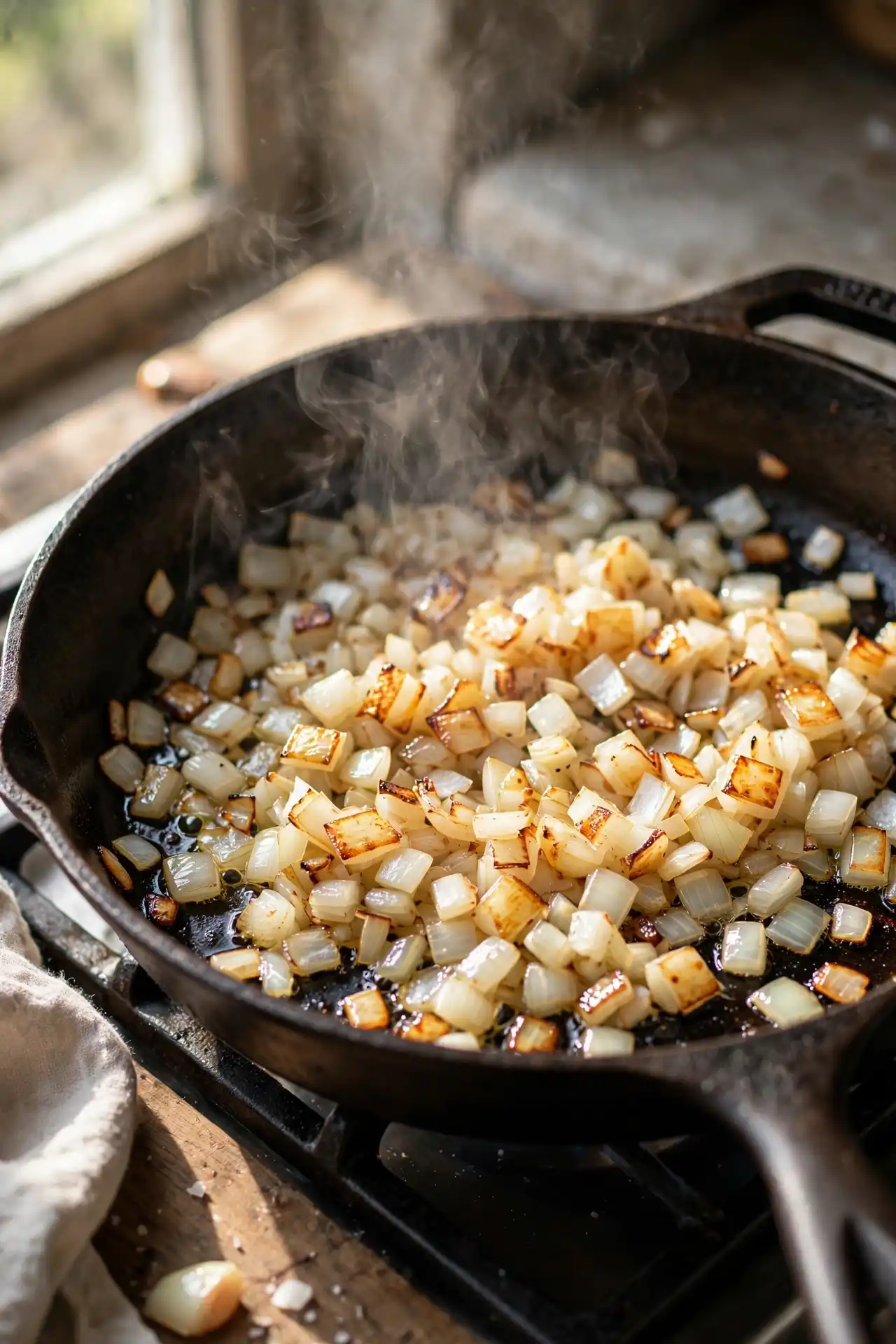 Diced onions cooking in a cast iron skillet until golden — early step in making egg roll in a bowl