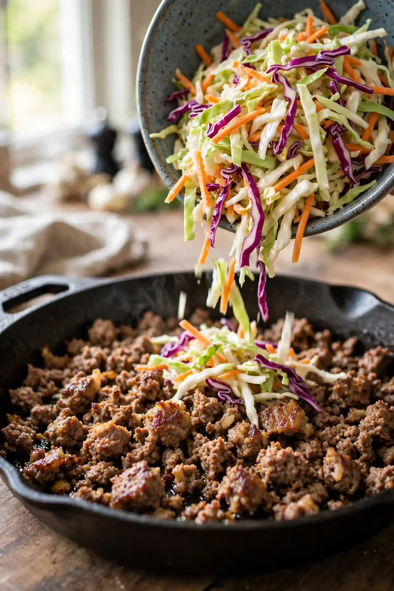 Browned ground beef in skillet with coleslaw mix being added — midpoint step in making egg roll in a bowl