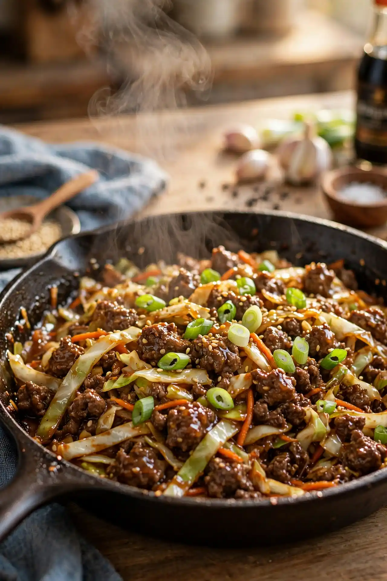 Finished egg roll in a bowl in skillet with sauce coating the cabbage and beef — final step before plating