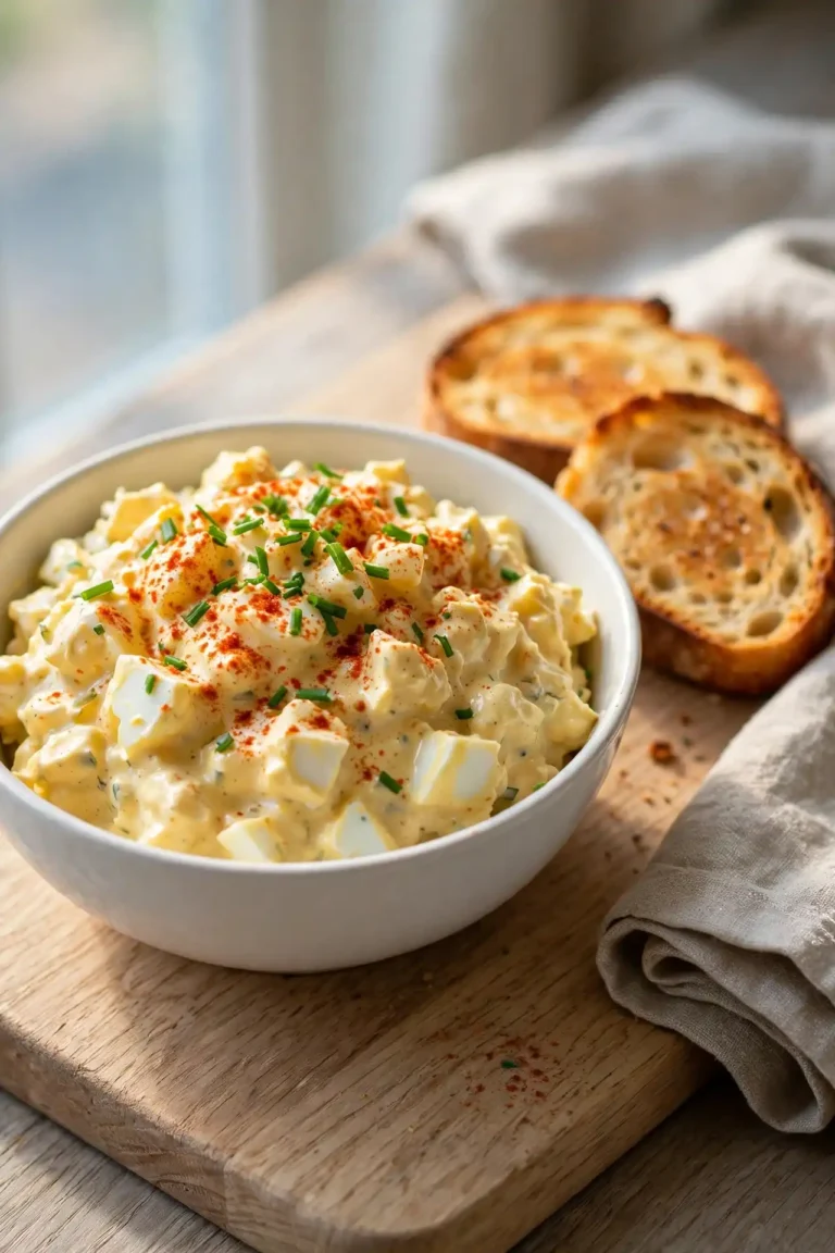 Egg salad recipe served in a white ceramic bowl on a wooden board, garnished with paprika and chives, with toasted sourdough on the side