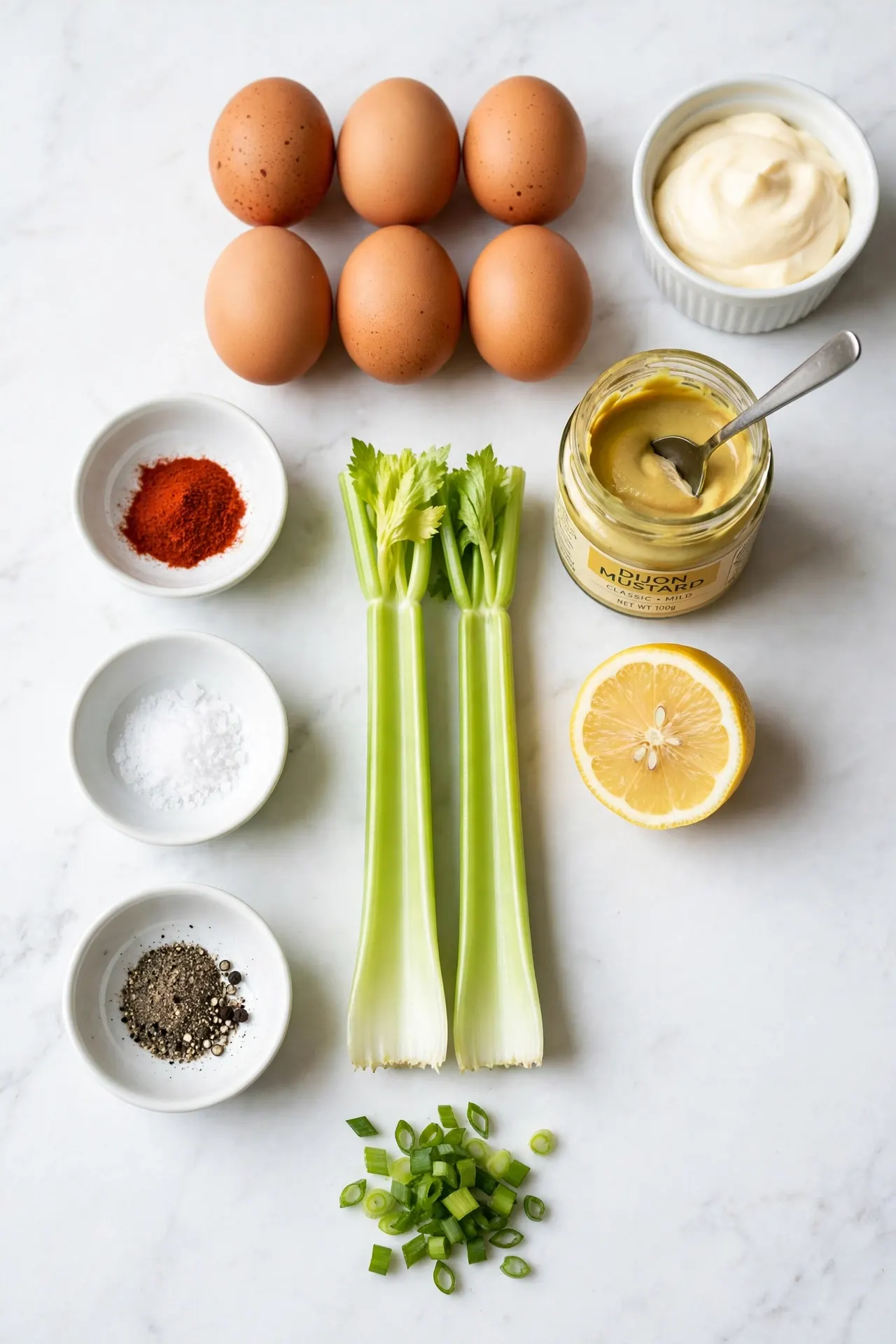All ingredients for egg salad recipe laid out on white marble, including eggs, mayonnaise, Dijon mustard, celery, green onion, and seasonings
