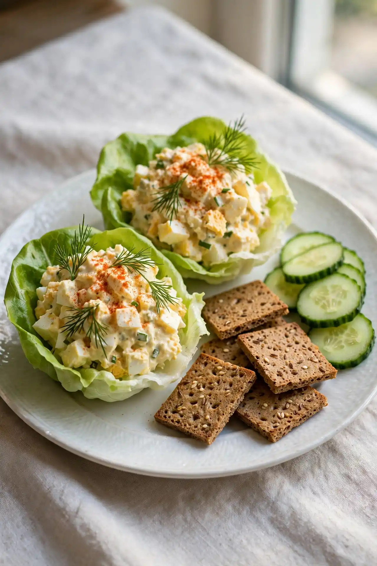 Egg salad recipe plated in butter lettuce cups with crackers and cucumber, ready to serve