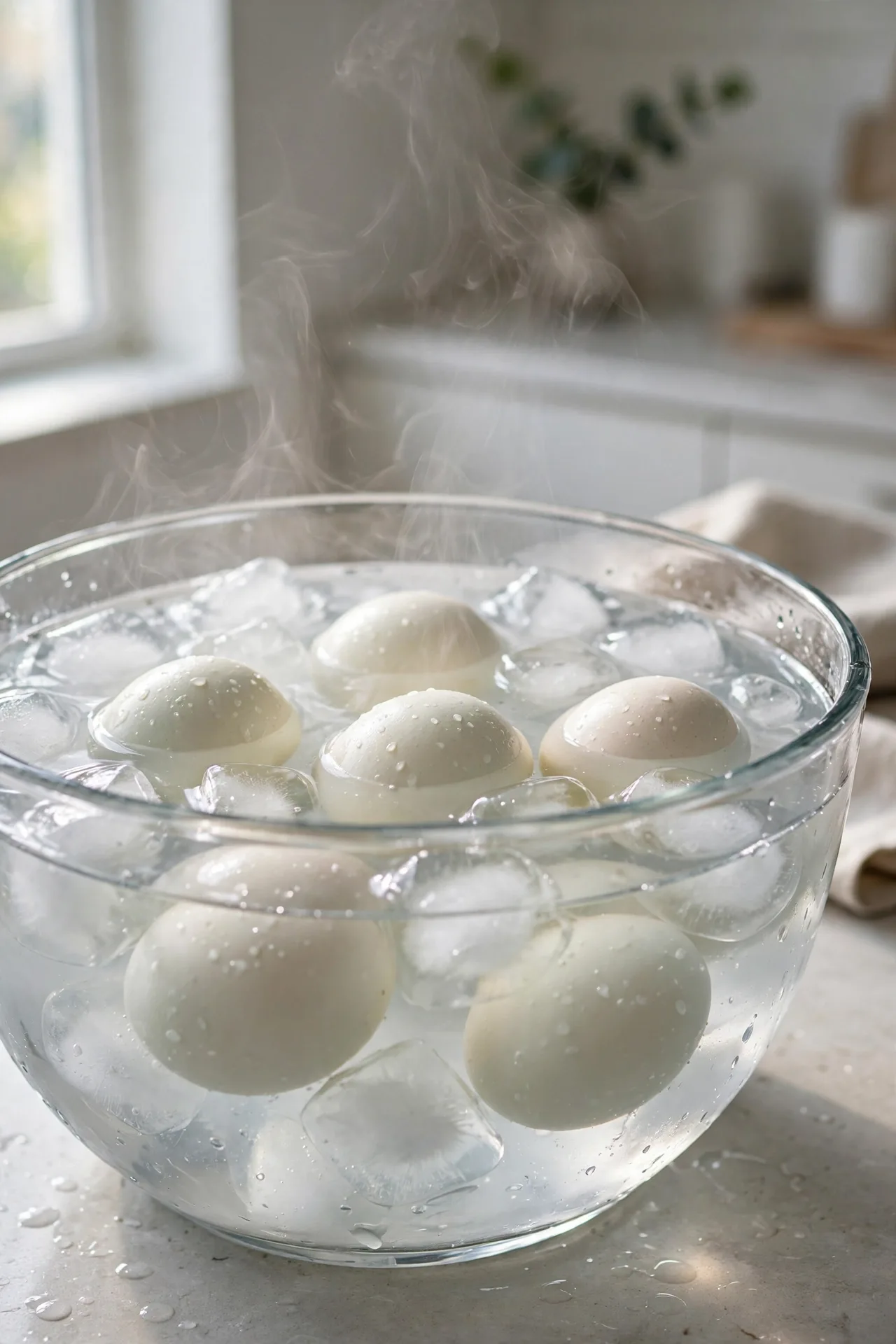 Hard-boiled eggs cooling in an ice bath, a critical step in making egg salad recipe