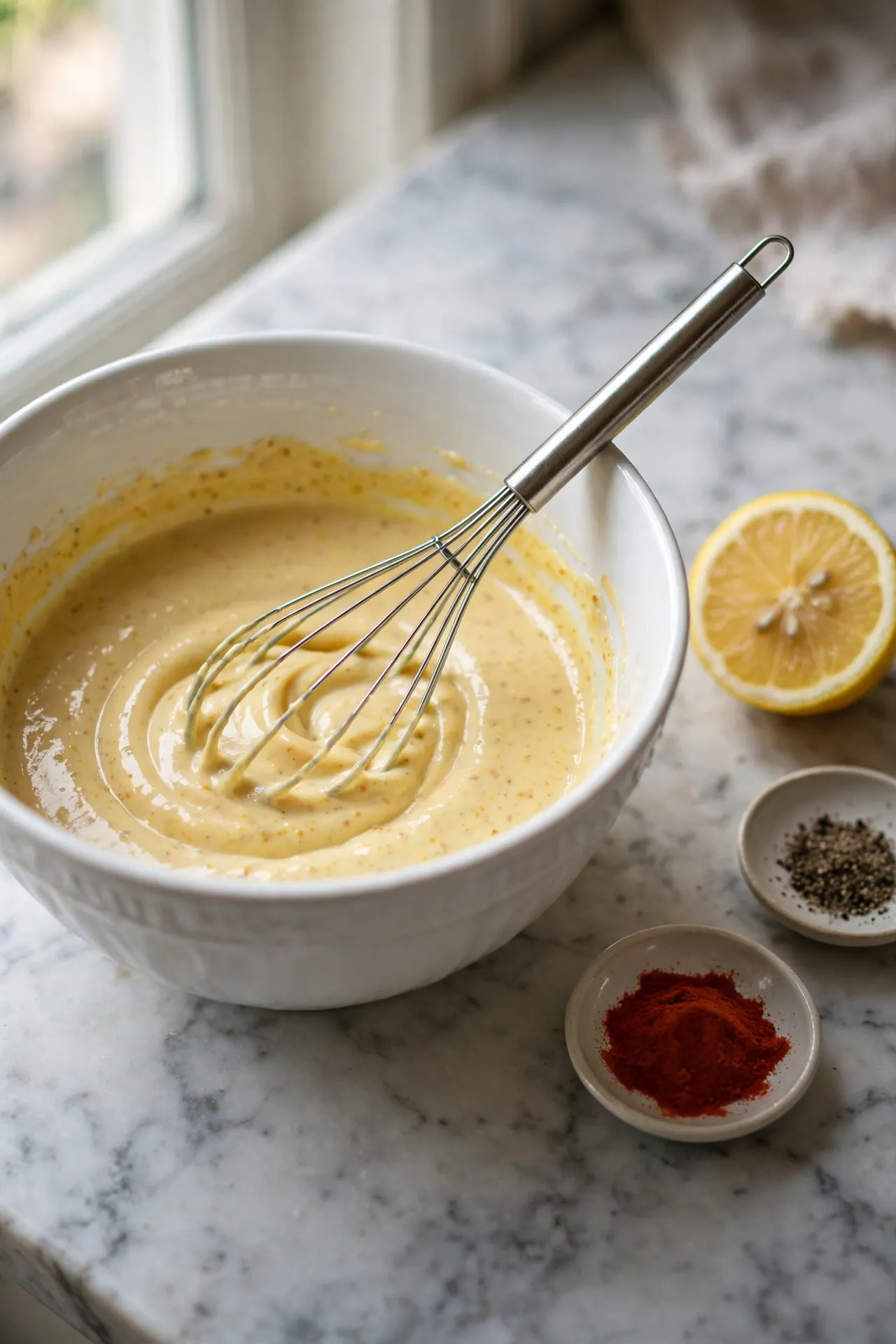 Creamy mayonnaise and Dijon mustard dressing being mixed in a white bowl, an important step in this egg salad recipe