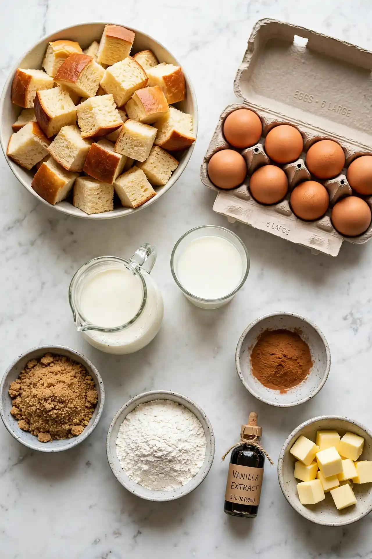 All ingredients for french toast casserole laid out flat on a white marble surface — french toast casserole ingredients