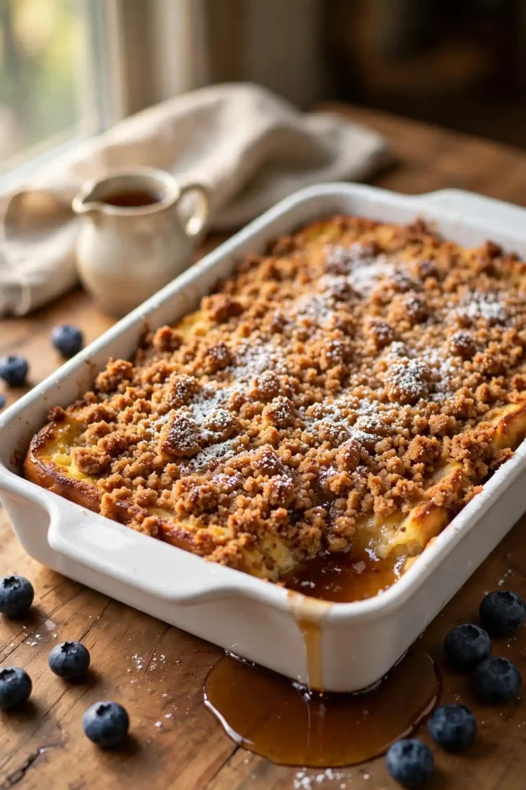 French toast casserole in a white ceramic baking dish, topped with brown sugar streusel and dusted with powdered sugar, photographed in natural window light — french toast casserole