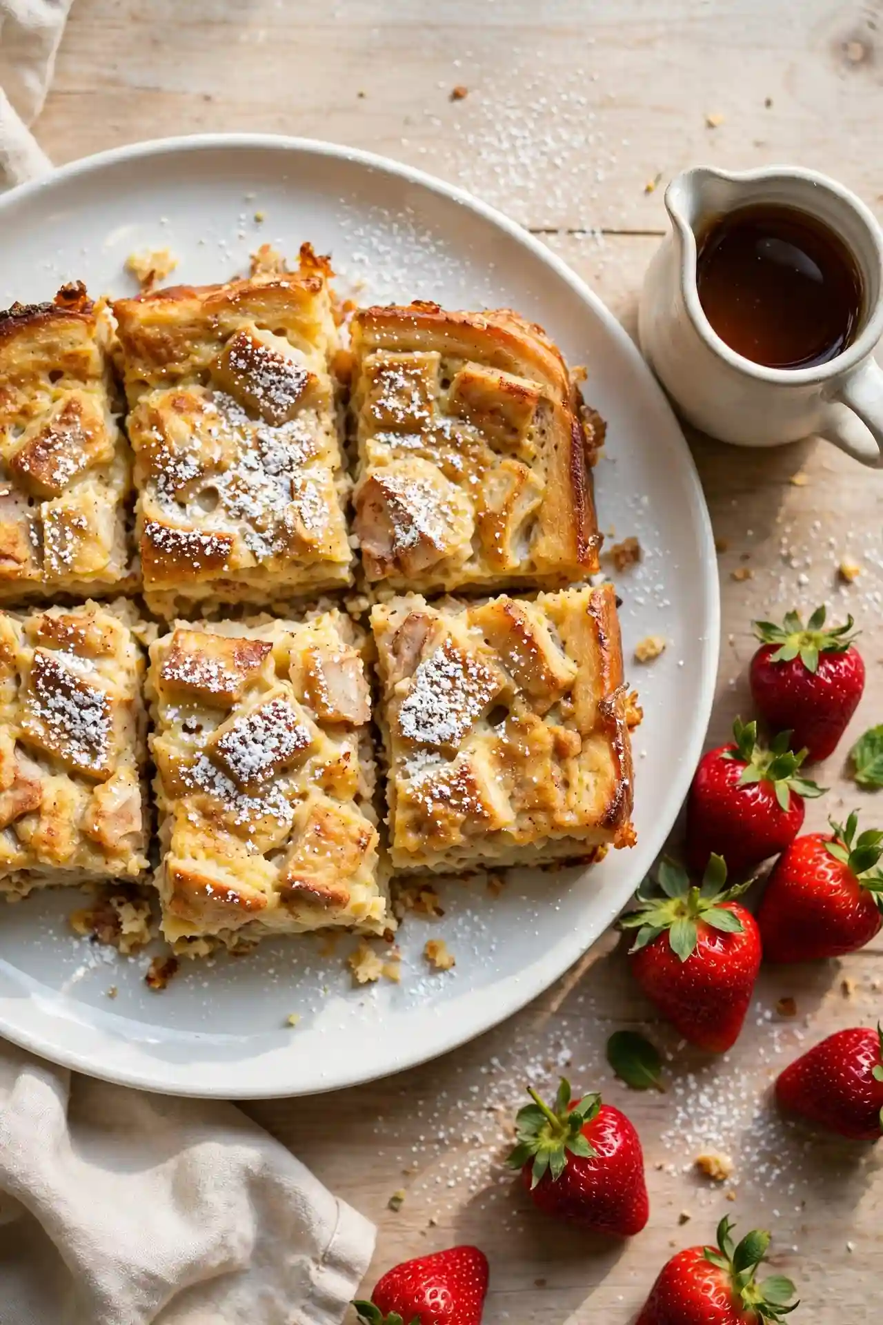 French toast casserole plated with fresh strawberries and maple syrup on a white ceramic plate, ready to serve — french toast casserole