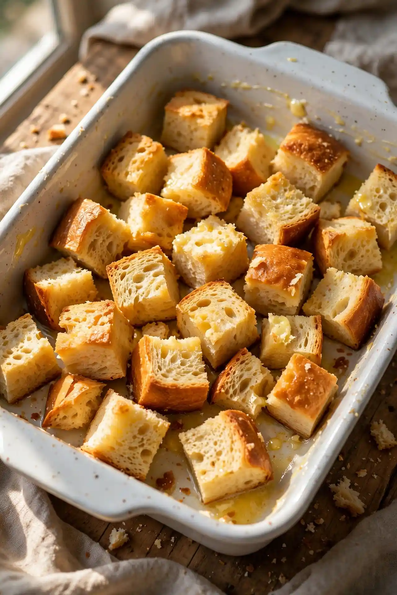 Cubed brioche bread arranged in a buttered baking dish — first step in making french toast casserole