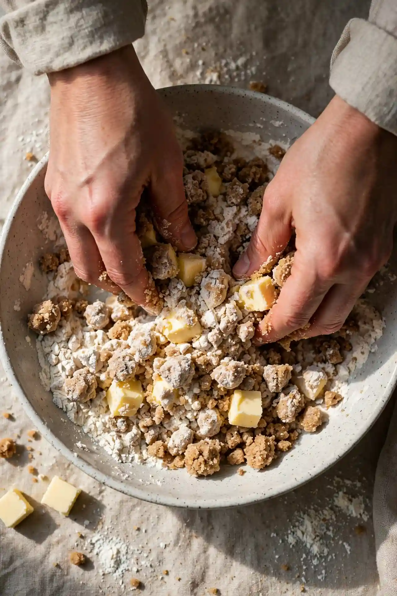 Streusel topping being mixed with cold butter, brown sugar, and flour — key step in making french toast casserole