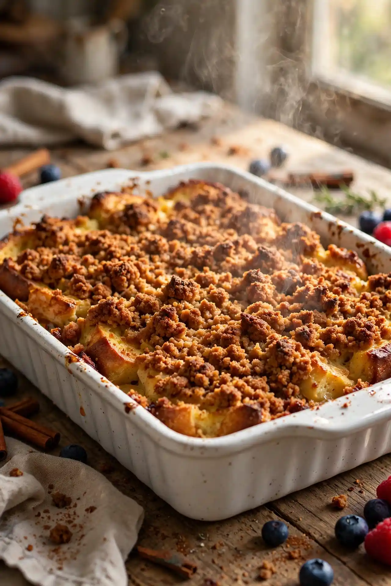 Freshly baked french toast casserole with golden brown streusel crust just out of the oven — french toast casserole
