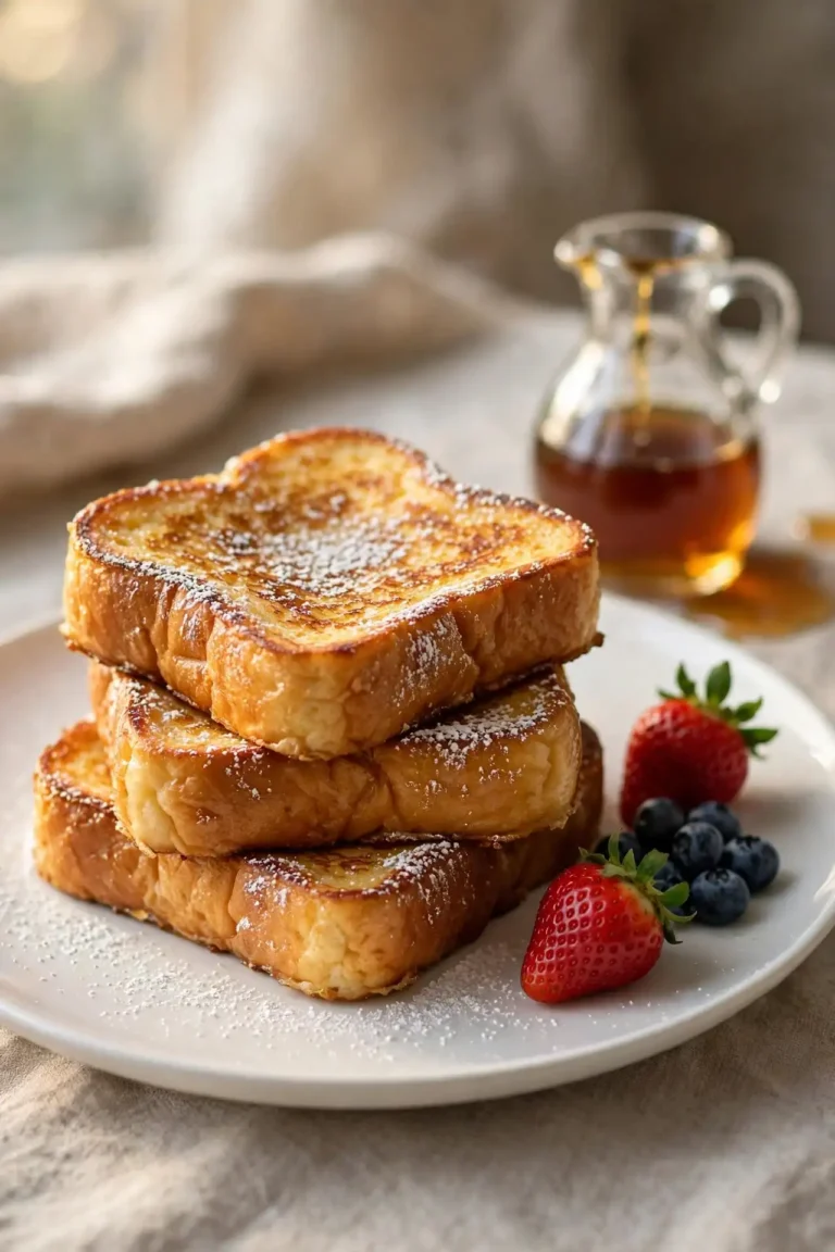 A stack of golden french toast on a white ceramic plate with fresh berries and maple syrup, dusted with powdered sugar — french toast recipe